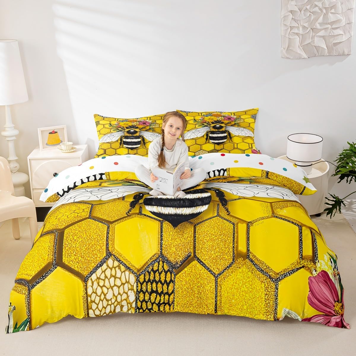 Erosebridal Honeycomb Duvet Cover Full Bee Flowers Bedding Set for Kids Child Girls Wild Animal Comforter Cover Hexagon Beehive Quilt Cover Rustic Aesthetic Honeybee Chic Creative Home Bedroom Decor image 3