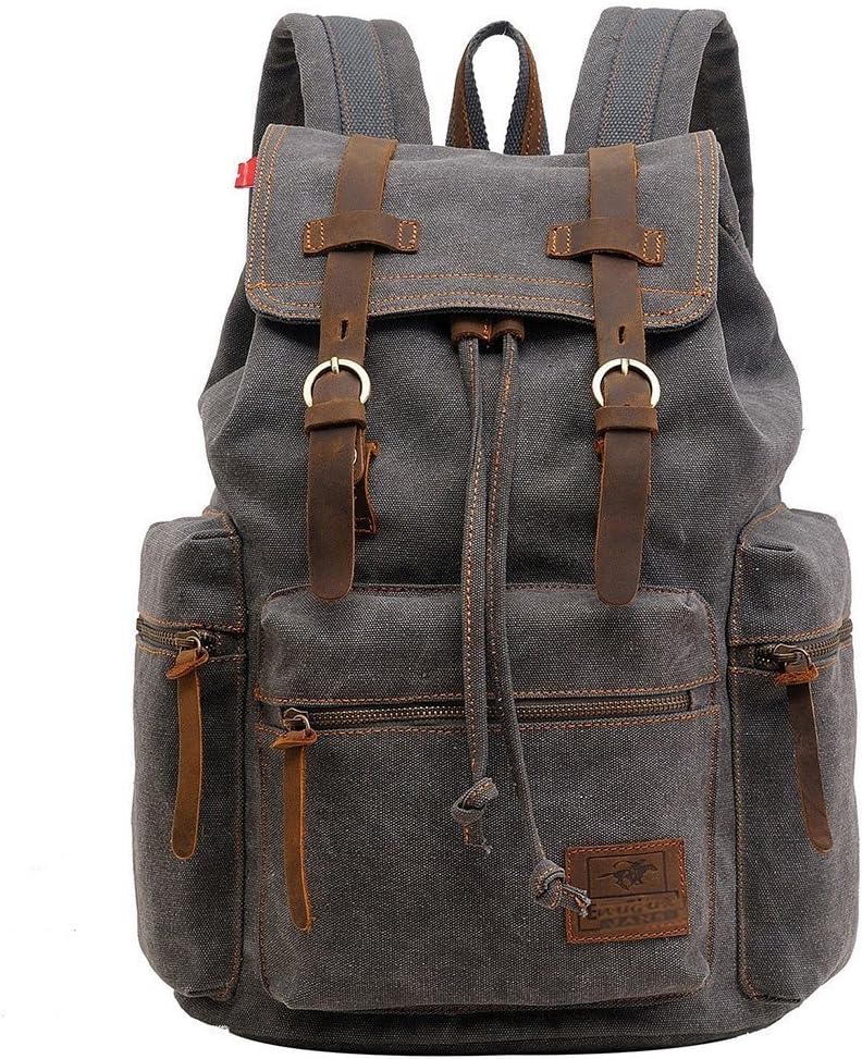 Vintage Unisex Casual Leather Backpack Canvas Rucksack Bookbag Satchel Hiking Backpack Travel Outdoor Shouder Bag