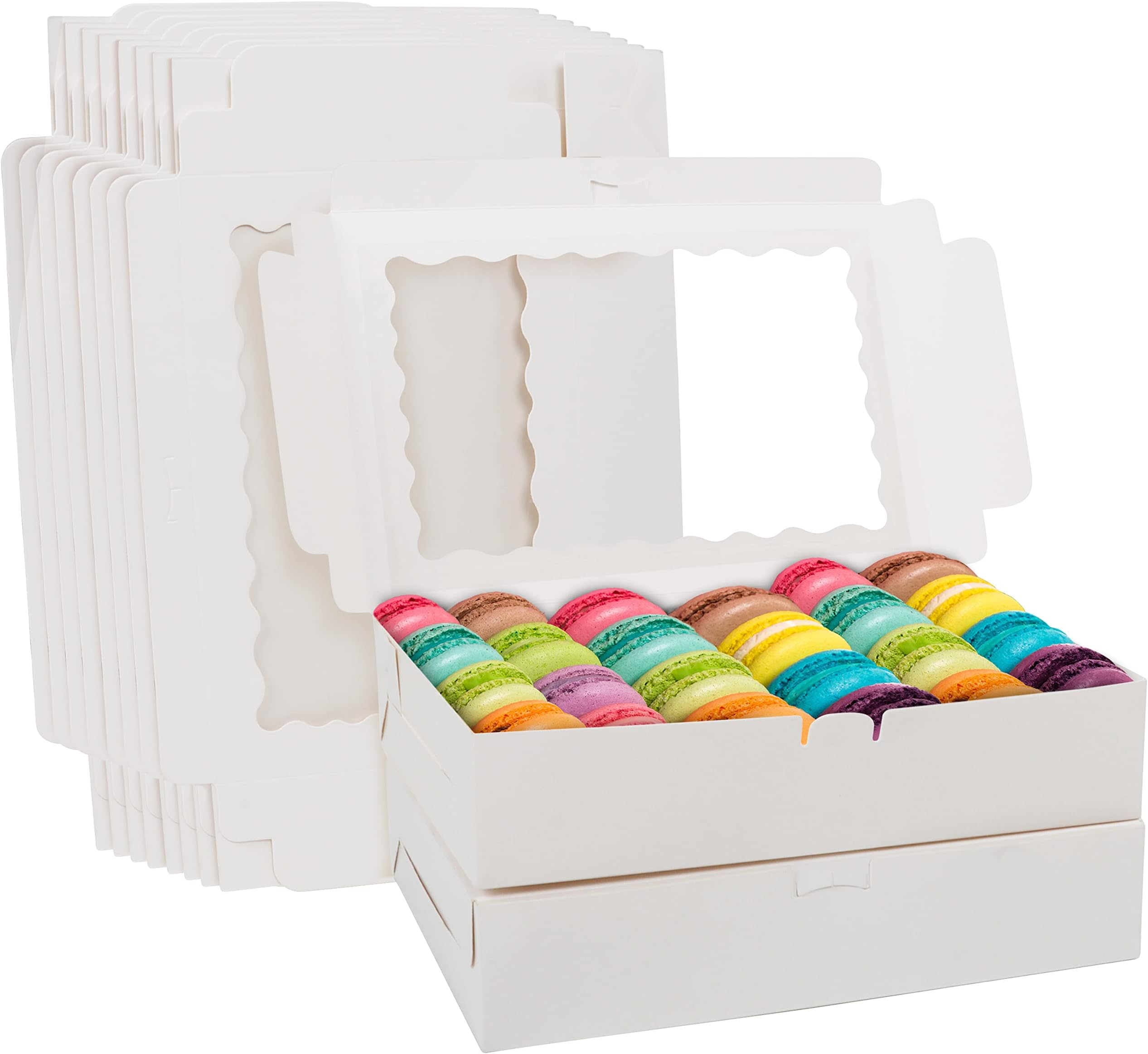 BELLE VOUS 10 Pack of White Kraft Paper Gift Boxes with Windows - 20.2 x 30.5 x 7cm/7.95 x 12 x 2.76 Inches - Disposable Bakery Packaging Boxes Ideal for Cookies, Cupcakes, Desserts & Pastries