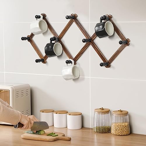 Vista 6 de WGFKVAS 2 Pack Accordion Hat Rack for Wall - Expandable Coat Rack & Wall Mounted Hat Holder - Wooden Wall Hanger with 10 Peg Hooks for Coats