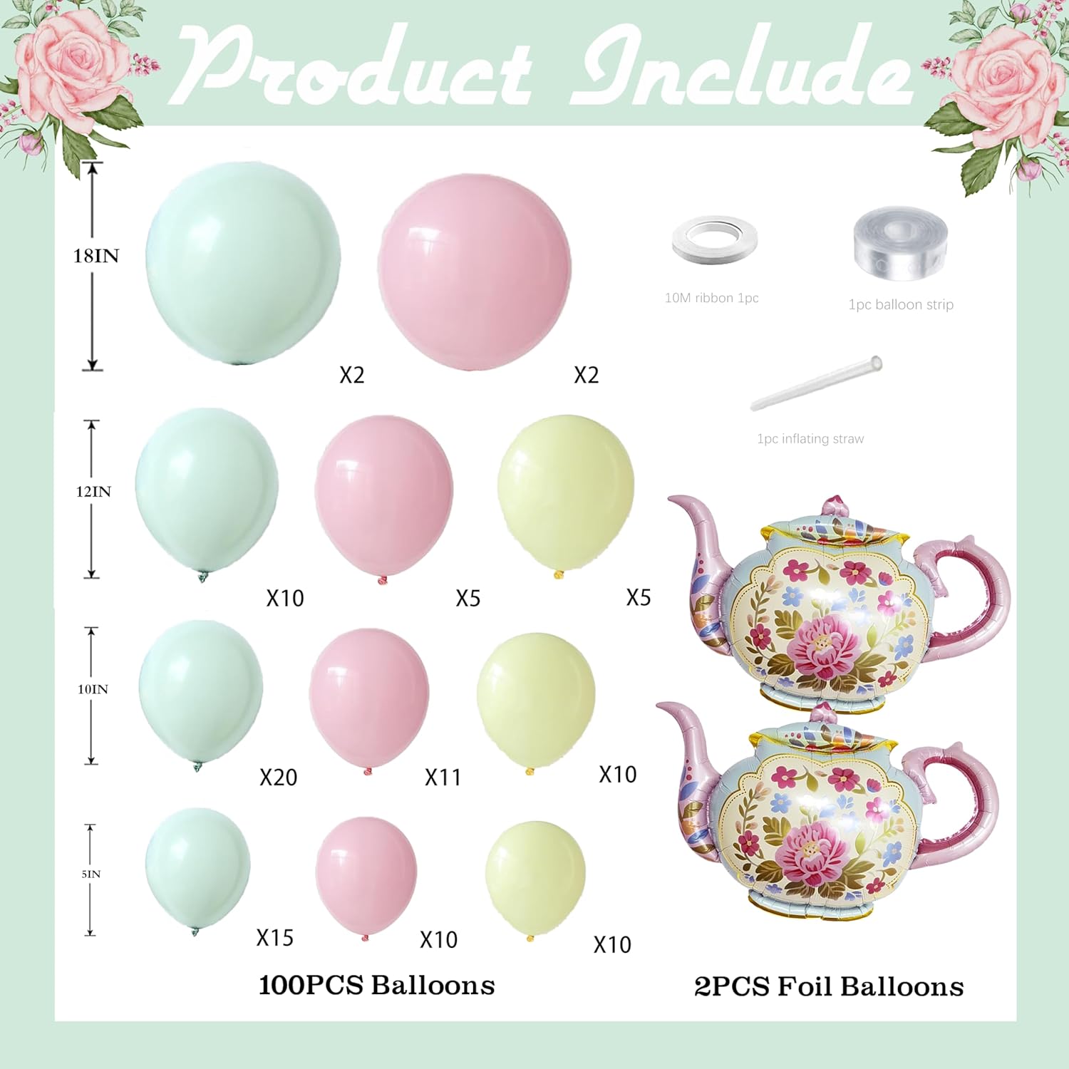 102pcs Tea Party Decorations Balloon Garland Arch Kit with 2 Giant Floral Teapot Foil Balloons, 18/12/10/5 Inch Sage Green Dusty Pink Cream Latex for Girls Birthday,Garden Bridal Shower - Image 2