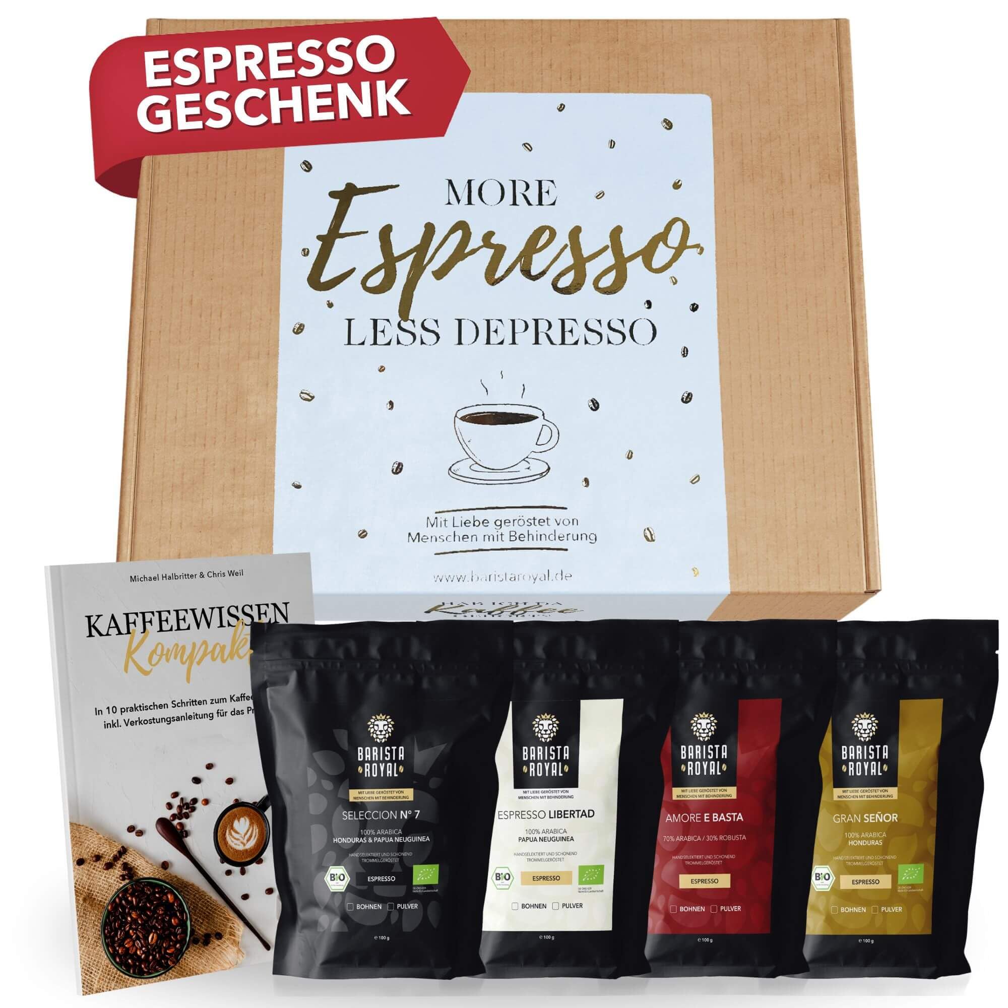 Espresso Geschenk (4 x 100g) - Geschenkidee für Espresso-Liebhaber Geschenk - More Espresso, less Depresso