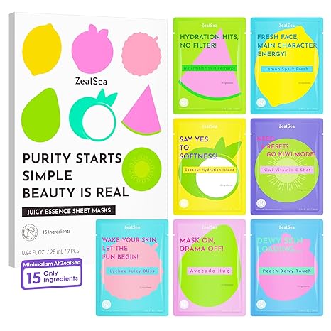 ZealSea Clean Beauty Face Masks Skincare, Minimalism 15 Ingredients Sheet Mask, Deep Hydration Facial Mask for Bouncy & Glowing, Sleepover Spa Party Supplies, Women Teen Girl Gifts Trendy Stuff, 7Pack