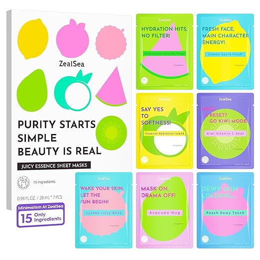 ZealSea Clean Beauty Face Masks Skincare, Minimalism 15 Ingredients Sheet Mask, Deep Hydration Facial Mask for Bouncy & Glowing, Sleepover Spa Party Supplies, Women Teen Girl Gifts Trendy Stuff, 7Pack