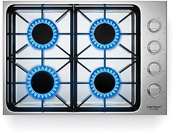 COSTWAY 30-inch Stainless Steel Gas Cooktop, 4 Burner Gas Stove Top with ABS Knobs and Cast Iron Grates, NG/LP G Convertible Range Top with Sealed Burners, Easy to Clean, Silver