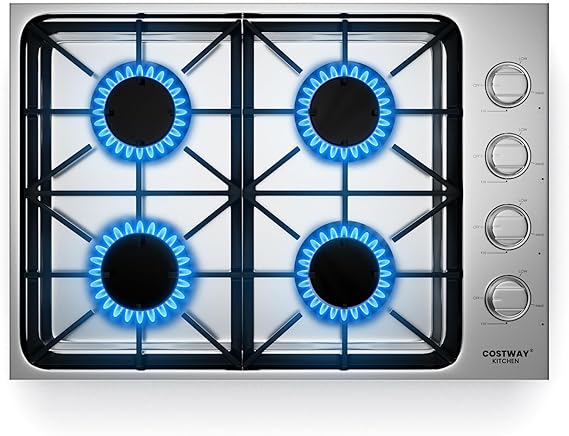 COSTWAY 30-inch Stainless Steel Gas Cooktop, 4 Burner Gas Stove Top with ABS Knobs and Cast Iron Grates, NG/LP G Convertible Range Top with Sealed Burners, Easy to Clean, Silver