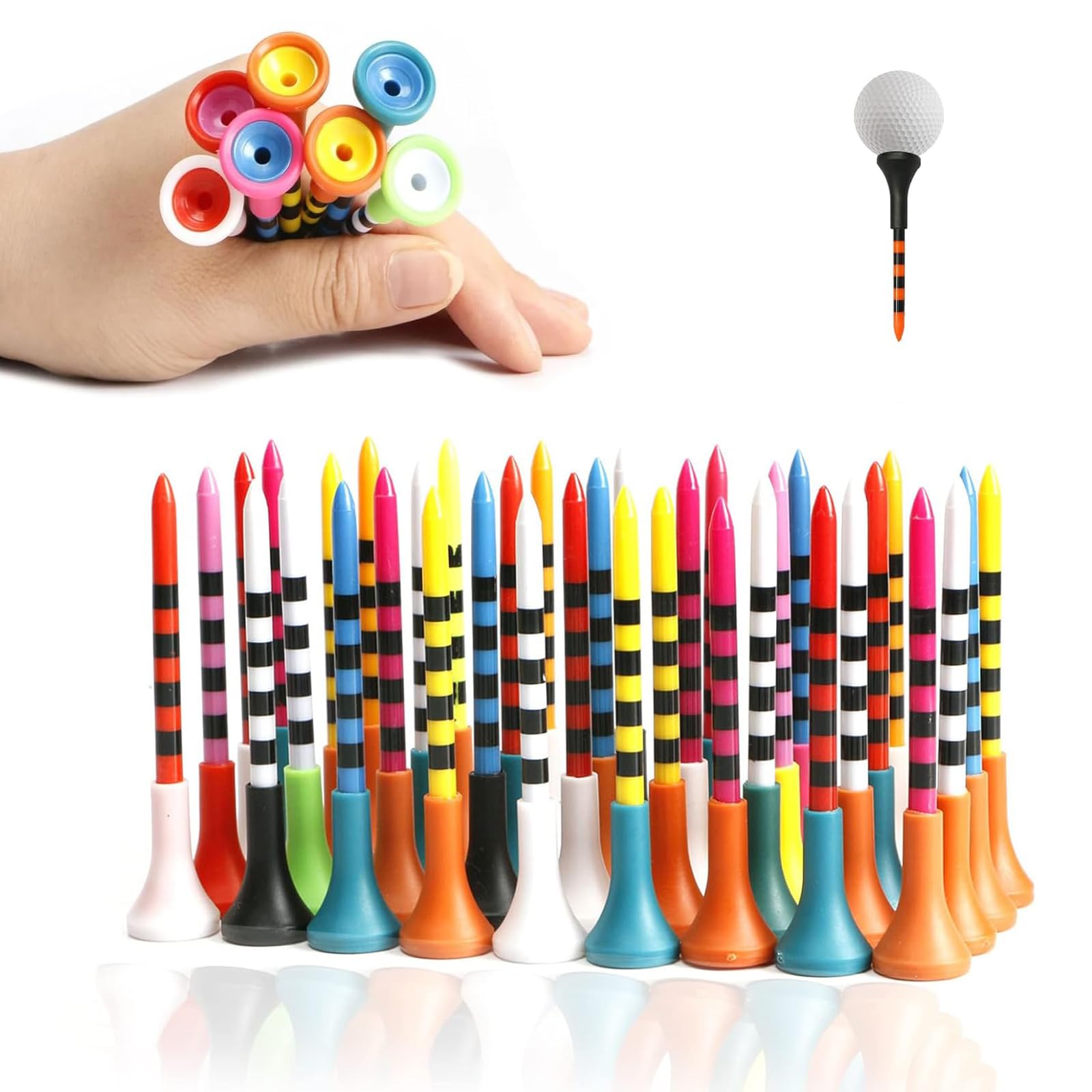AMSGANK Mixed Colors Golf Tees, 83mm Premium Plastic Golf Tees Unbreakable Rubber Cushion Top Tees Golf for Hobby & Professional Golfers to Teeing Off und Practice - 50 Pcs