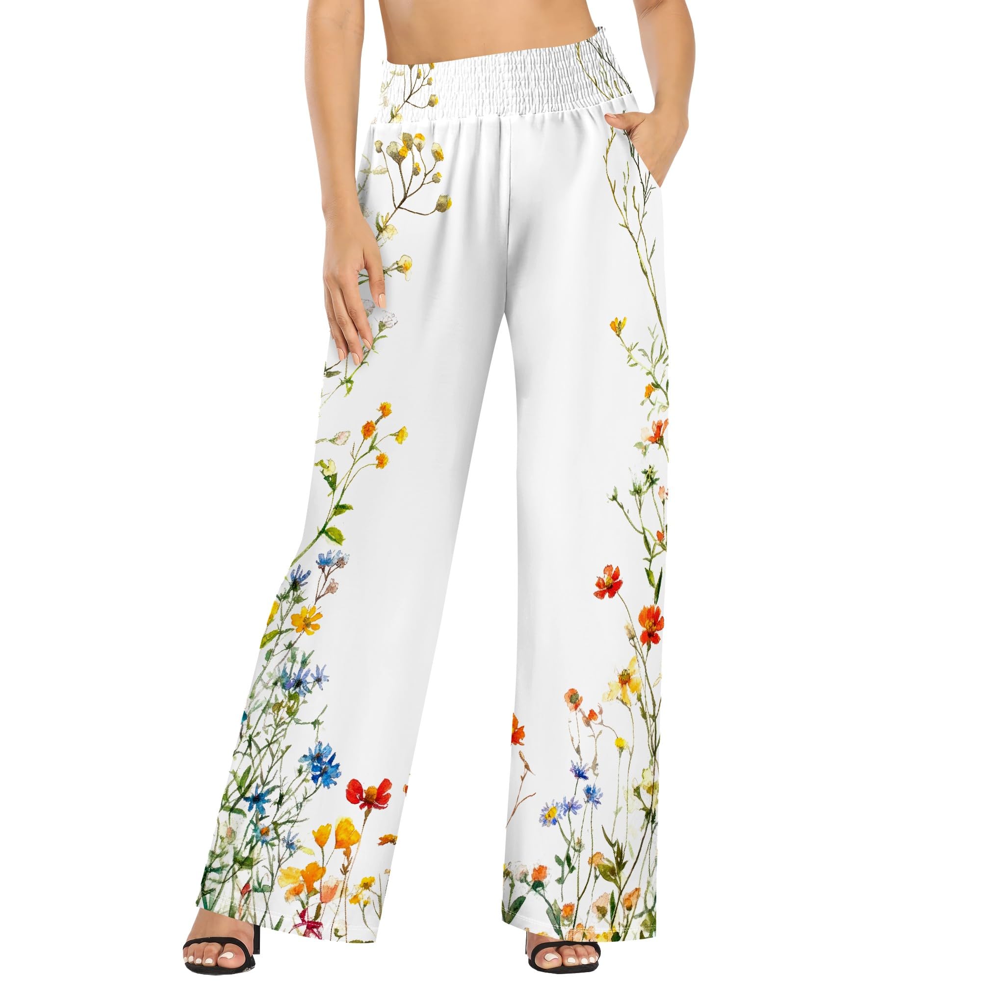 Wide Leg Palazzo Lounge Pants for Women 2025 Summer Boho Flower Flowy Palazzo Pants Beach Pants with Pockets