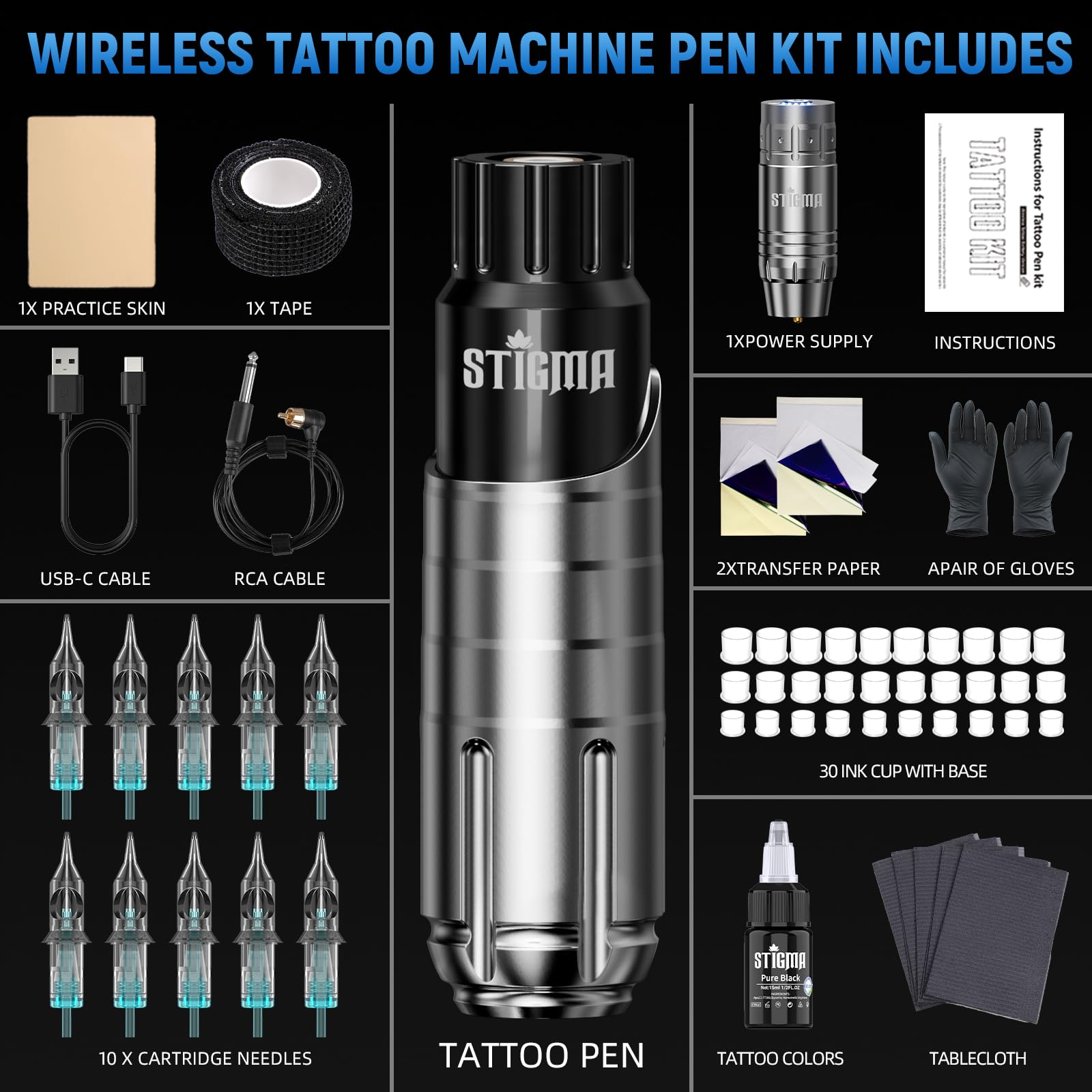 STIGMA Maquina de Tatuar, Kit Completo para Principiantes Inalanbrica Bateria con Maquina de Tatuaje Negra,Agujas,Tinta etc.