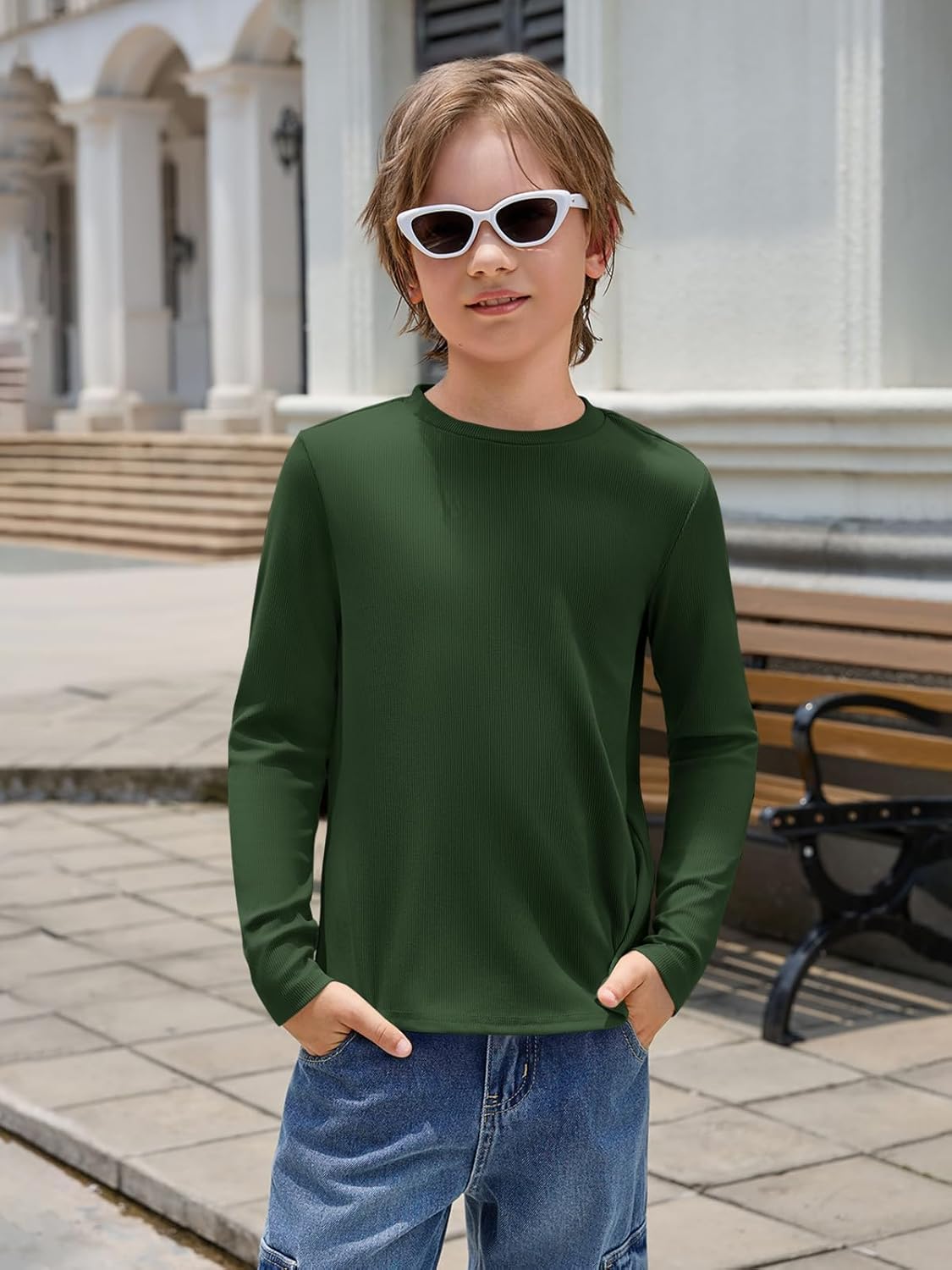 Haloumoning Boys Ribbed Long Sleeve Shirts Kids Casual Crewneck Solid Tops Tees 5-14 Years - Image 3