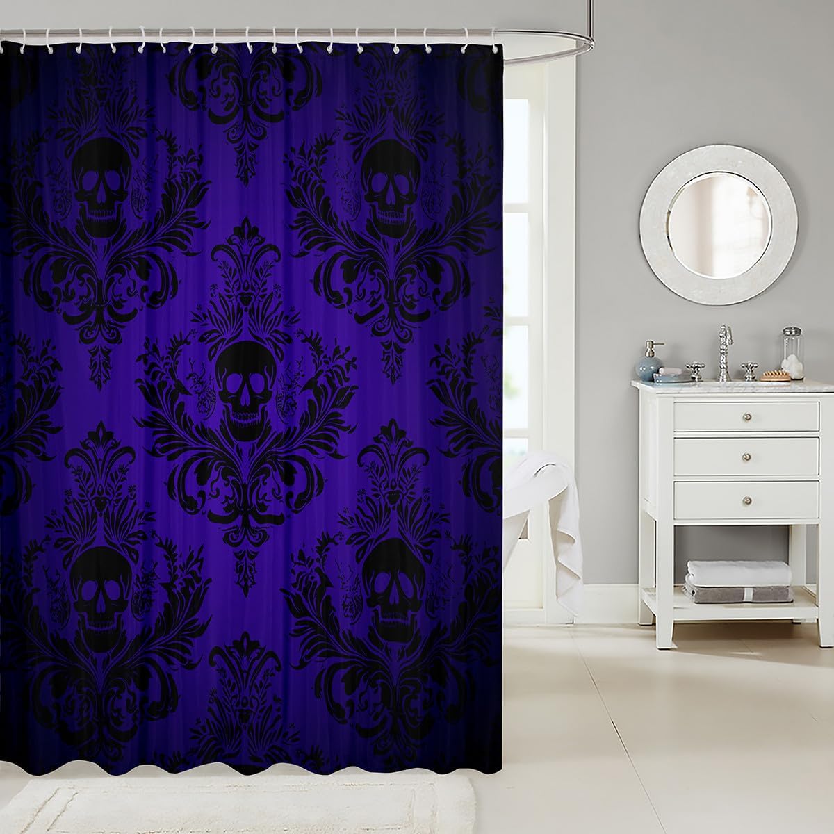 Castle Fairy Gothic Skull Bath Curtain,Purple Vintage Damask Lace Pattern Shower Curtain for Stalls,Boho Victorian Baroque Floral Waterproof Accessorieswith with 12 Hooks, 72Wx78L inch