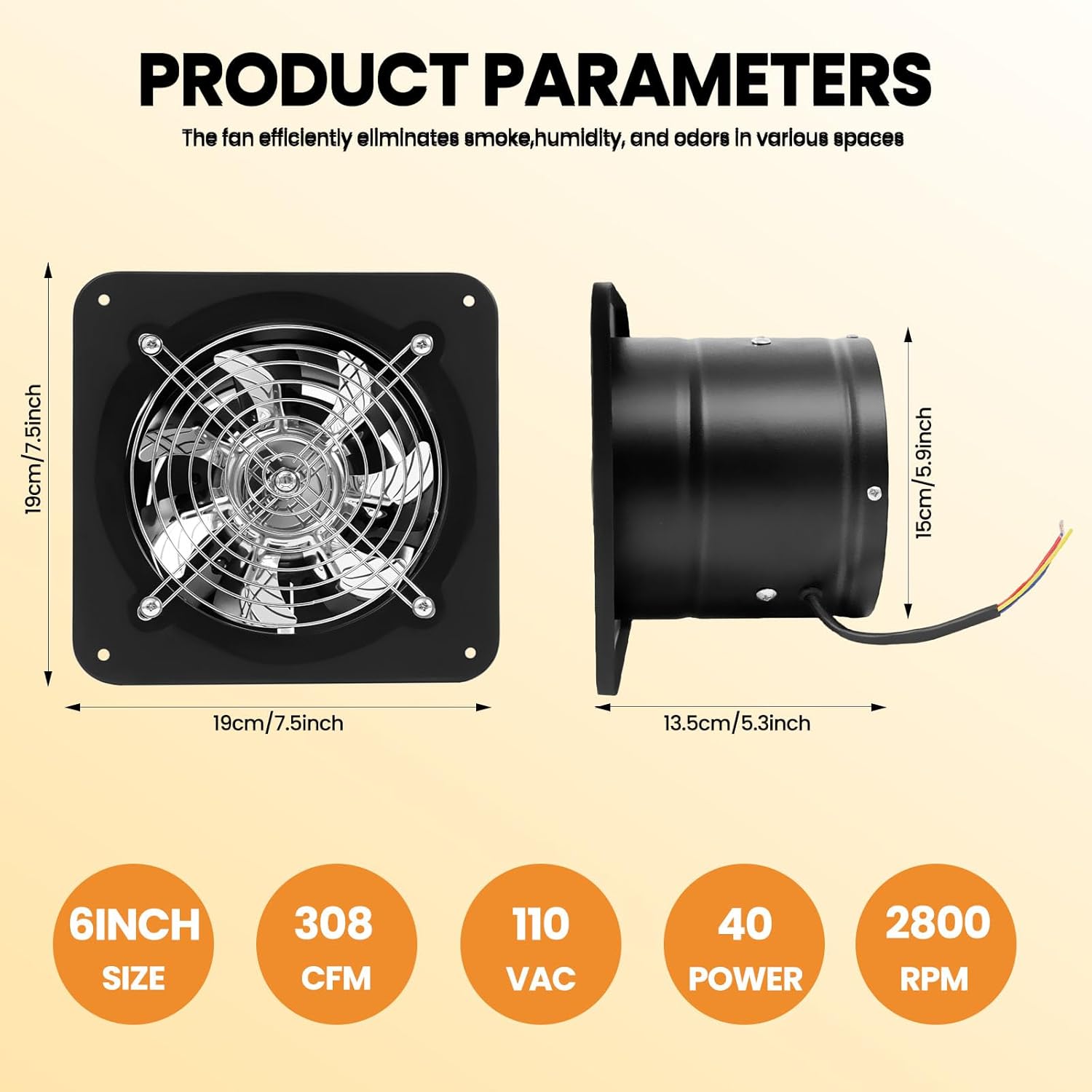 6 inch Exhaust Fan, 308CFM Wall Mounted Vent Fans, Ventilation Blower for Ceiling Bathroom Attic Window Basement Ventilation Fan, 110V 40W 60Hz