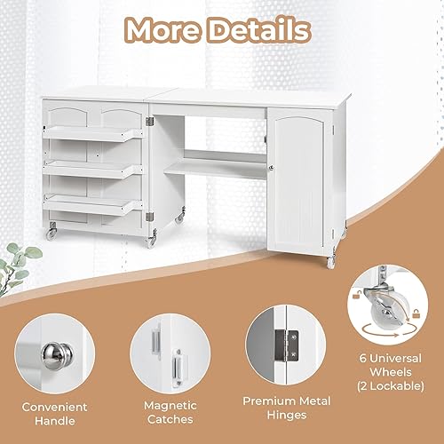 Miniatura 4 de COSTWAY Mesa para máquina de coser, mesa plegable de estación de manualidades de 62.5 x 20 pulgadas con ruedas bloqueables, estantes de