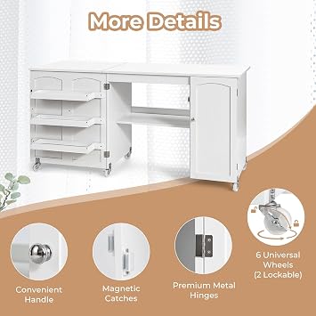 COSTWAY Folding Sewing Table, Rolling Craft Table Hobby Desk with Storage Shelves, Side Cabinet and Lockable Wheels, Space Saving Drop Leaf Sewing Machine Table Computer Desk Workstation (White)