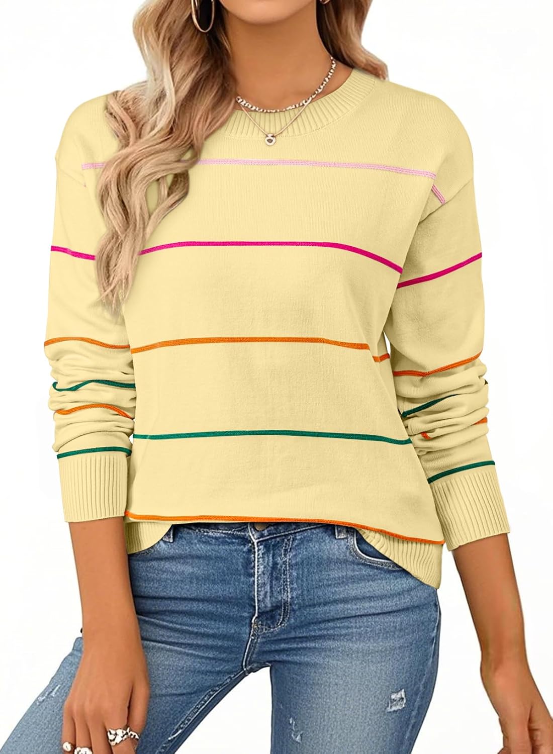 SHEWIN Womens Sweaters Crew Neck Knit Long Sleeve Striped Sweater Fall Outfits for Women 2026