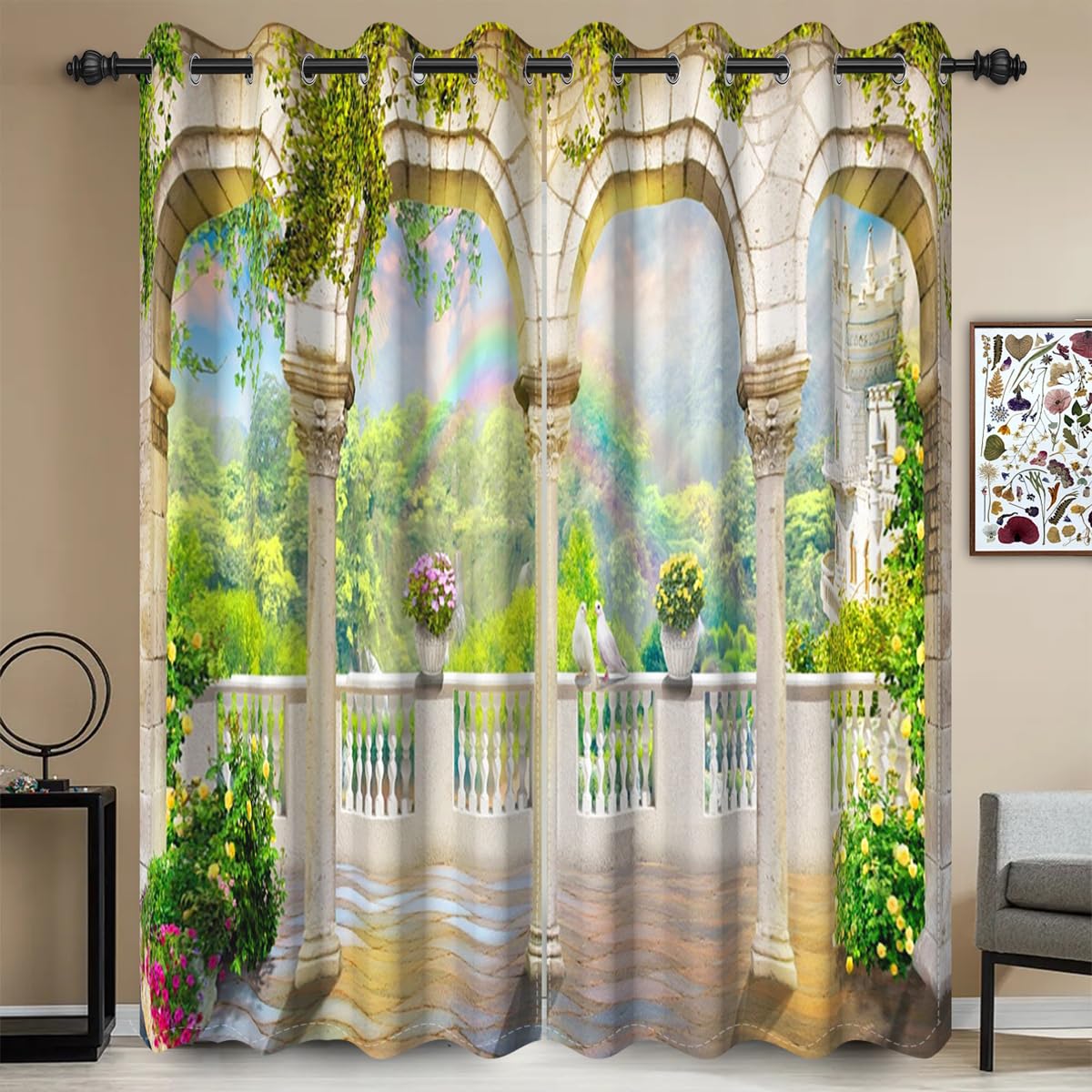 Umpoo Vintage Garden Window Curtains Fairy Tale Castle Balcony Stone Pillars Magic Wonderland Window Drapes 2 Panel Set for Kids Girls Room Nursery Bedroom Window Treatments Fabric, 52x96 Inch