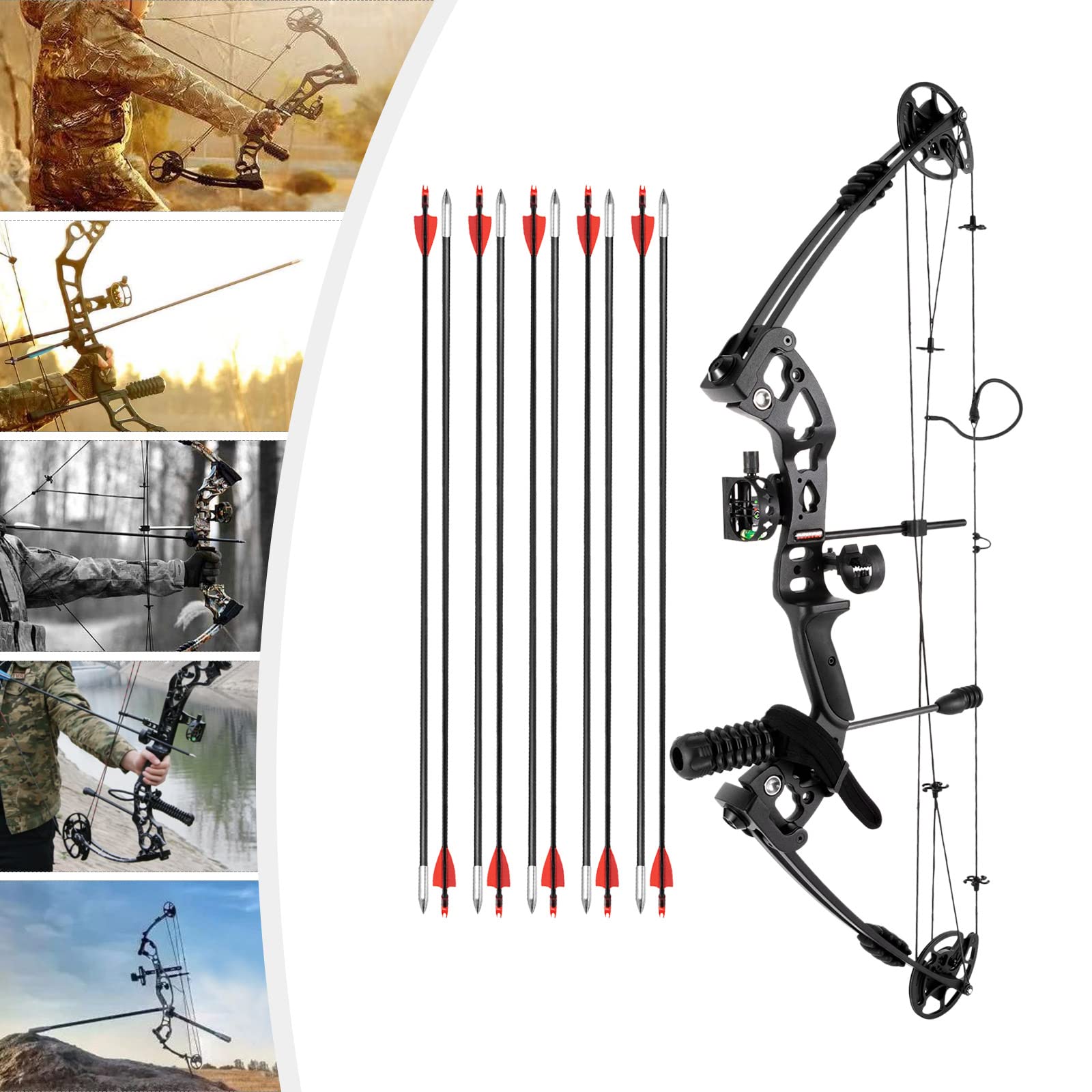 FXEIPOL Compound Bow Kit 30-55Lbs Right Hand Archery Hunting Set Adults Compound Bow with 12 Arrows Adjustable & Portable Bow Hunting Kit for Training Archery Target (Black)