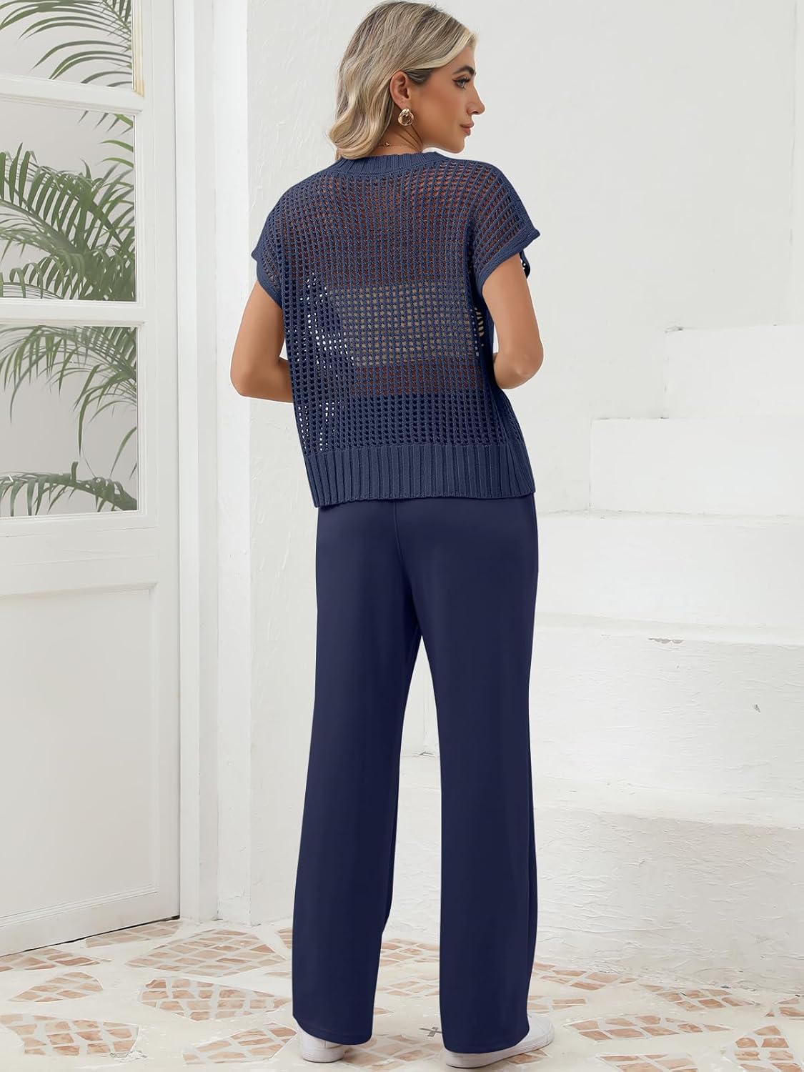 Women Two Piece Outfits Crochet Sheer Knit Sweater Top Wide Leg Pants Lounge Matching Sets Sweatsuit Travel Clothes - Image 7