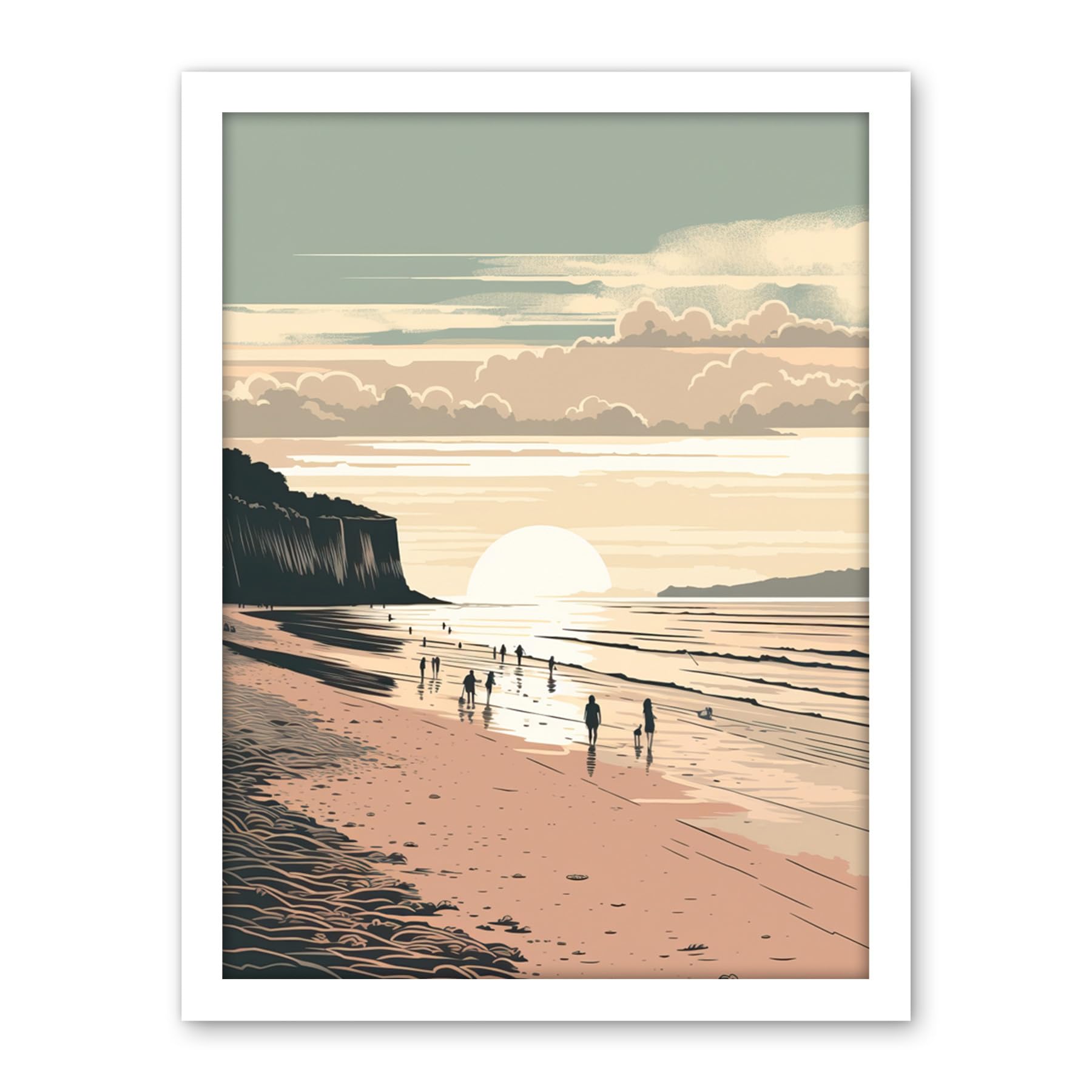 Artery8 Dog Walks on the Beach Sunset Coastal Landscape Artwork Framed Wall Art Print 18X24 Inch
