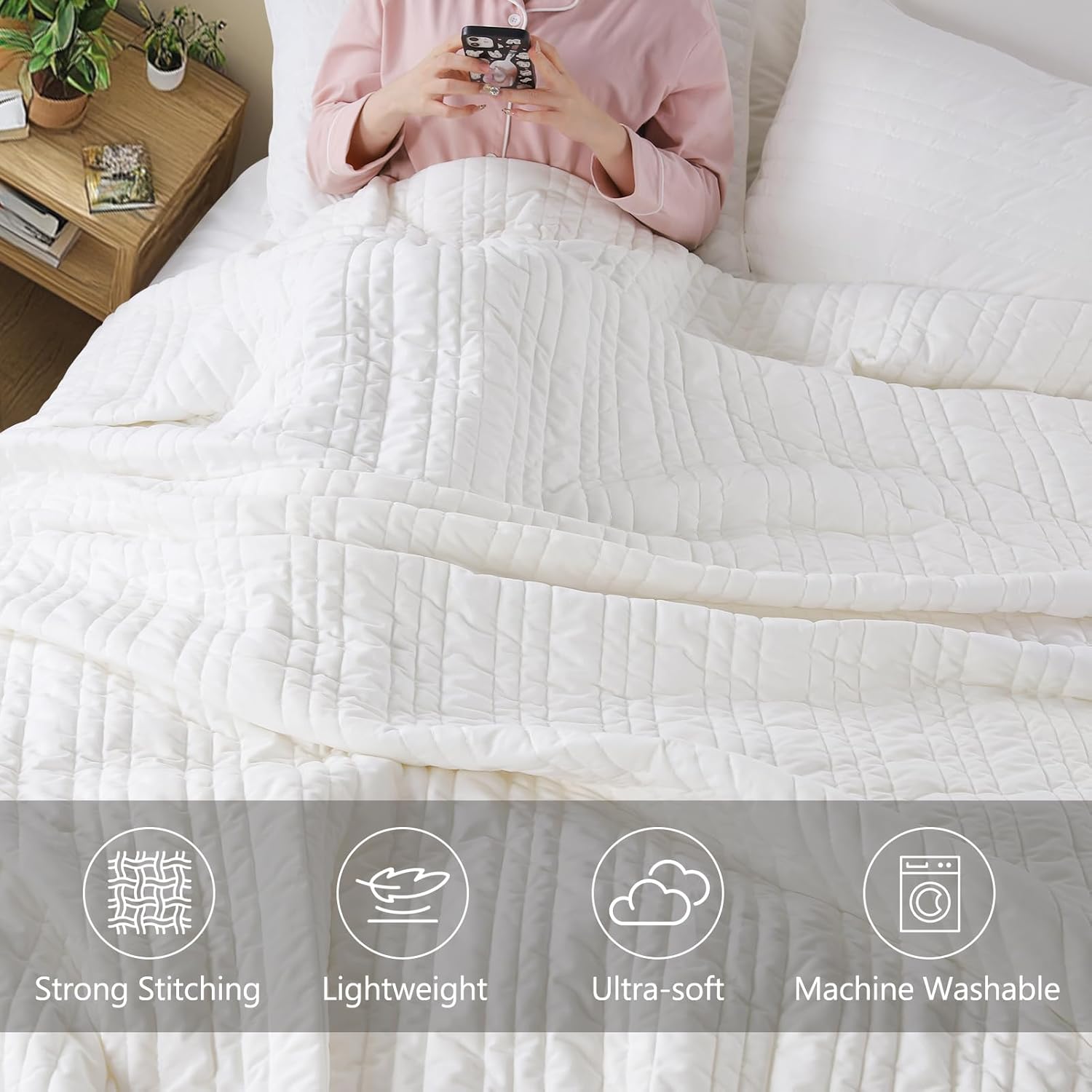 KASENTEX Luxury Velvet Quilt Set, Oversize Queen Quilt 102"x106", Ultra-Soft Bedspread Coverlet with 2 Pillow Shams, Lightweight Comforter, Line Stitch Geometric, Summer Bedding Set, White - Image 3