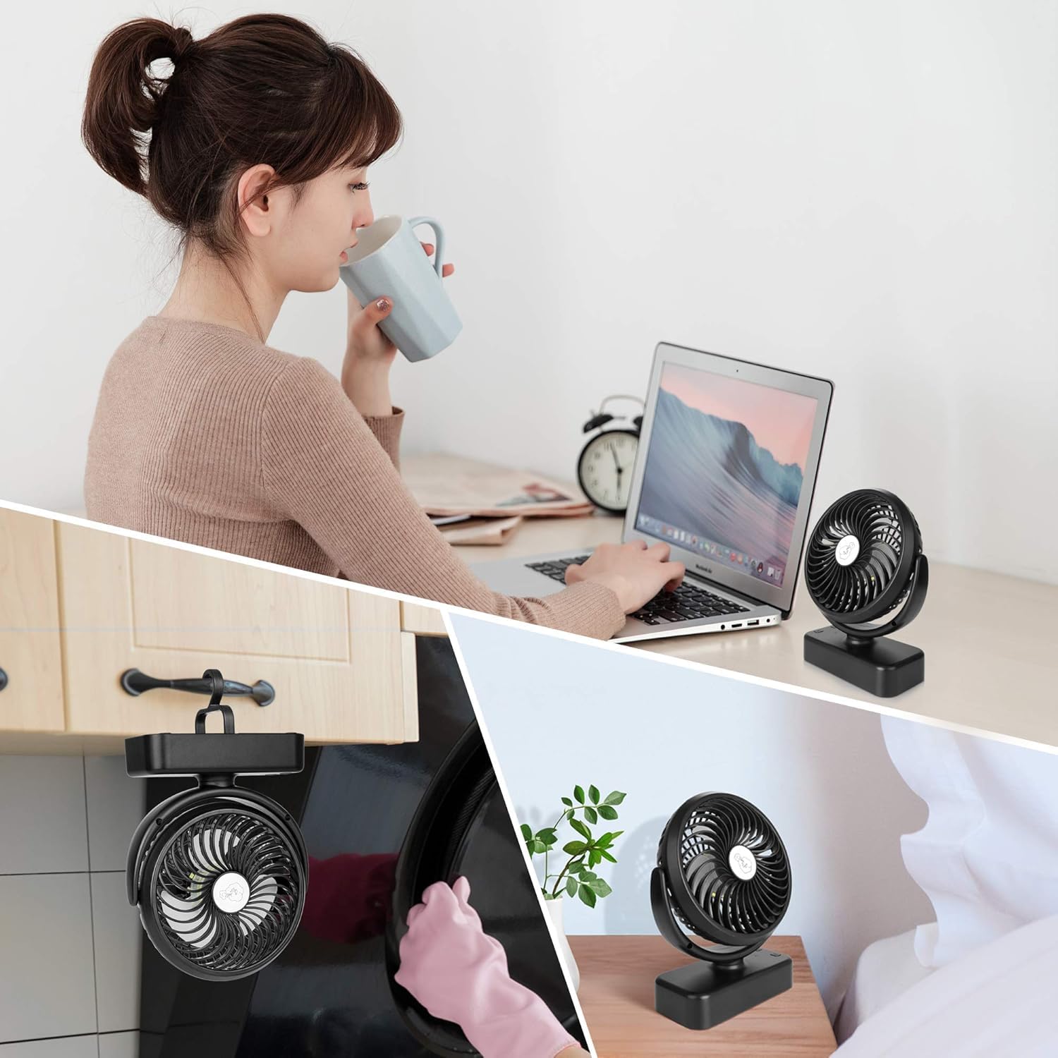 Ventilador portátil de camping con linterna LED - 40 horas de funcionamiento Ventilador recargable a pilas con gancho para colgar en tienda, coche, autocaravana, huracán, equipo de supervivencia