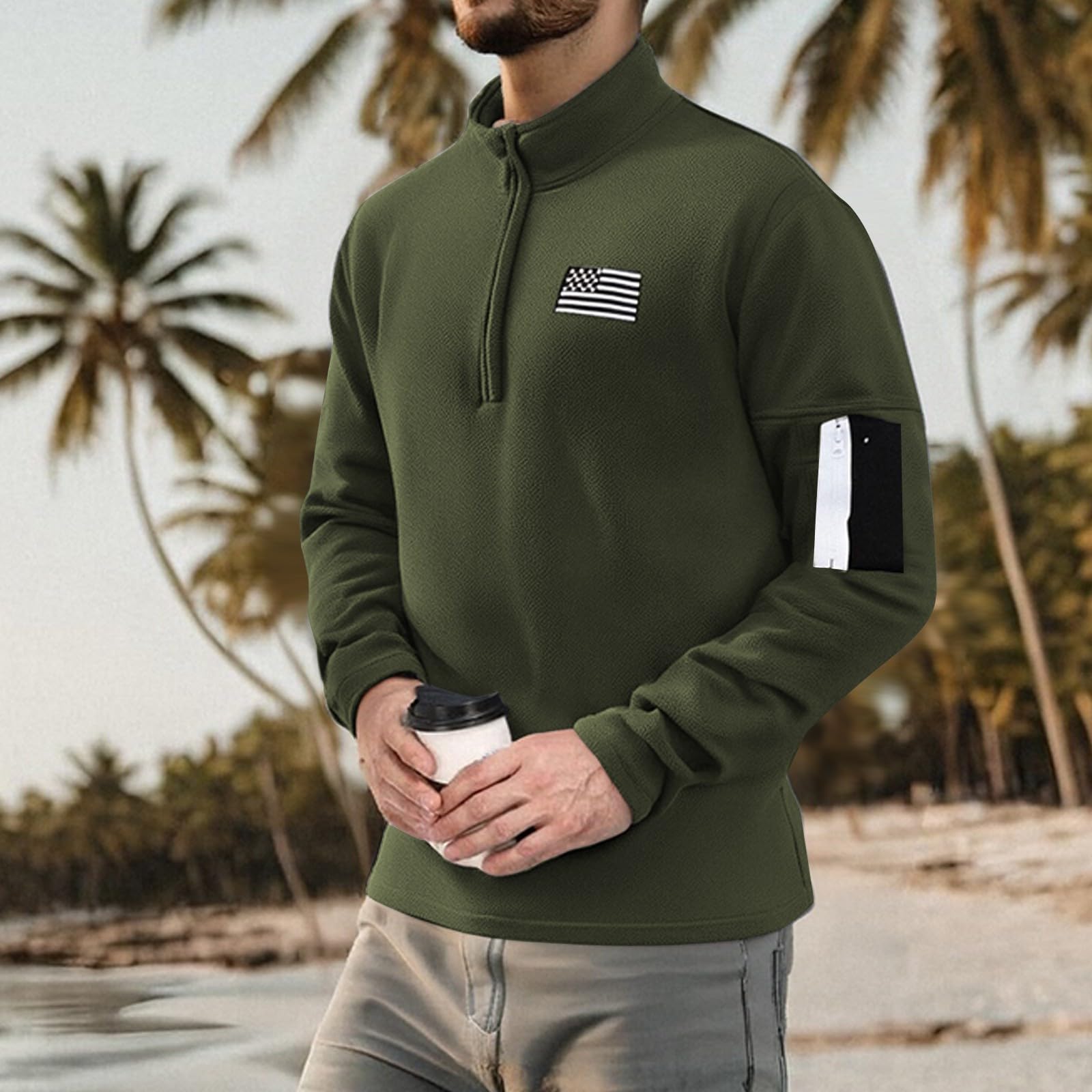 Sudaderas con Capucha Corta Sudadera Estampado De La Bandera UU. para Hombre, Estilo Patriótico Americano, Manga Larga Cremallera 1/4 Y Bolsillo En El Hombro. Abierta Hombre Mangas