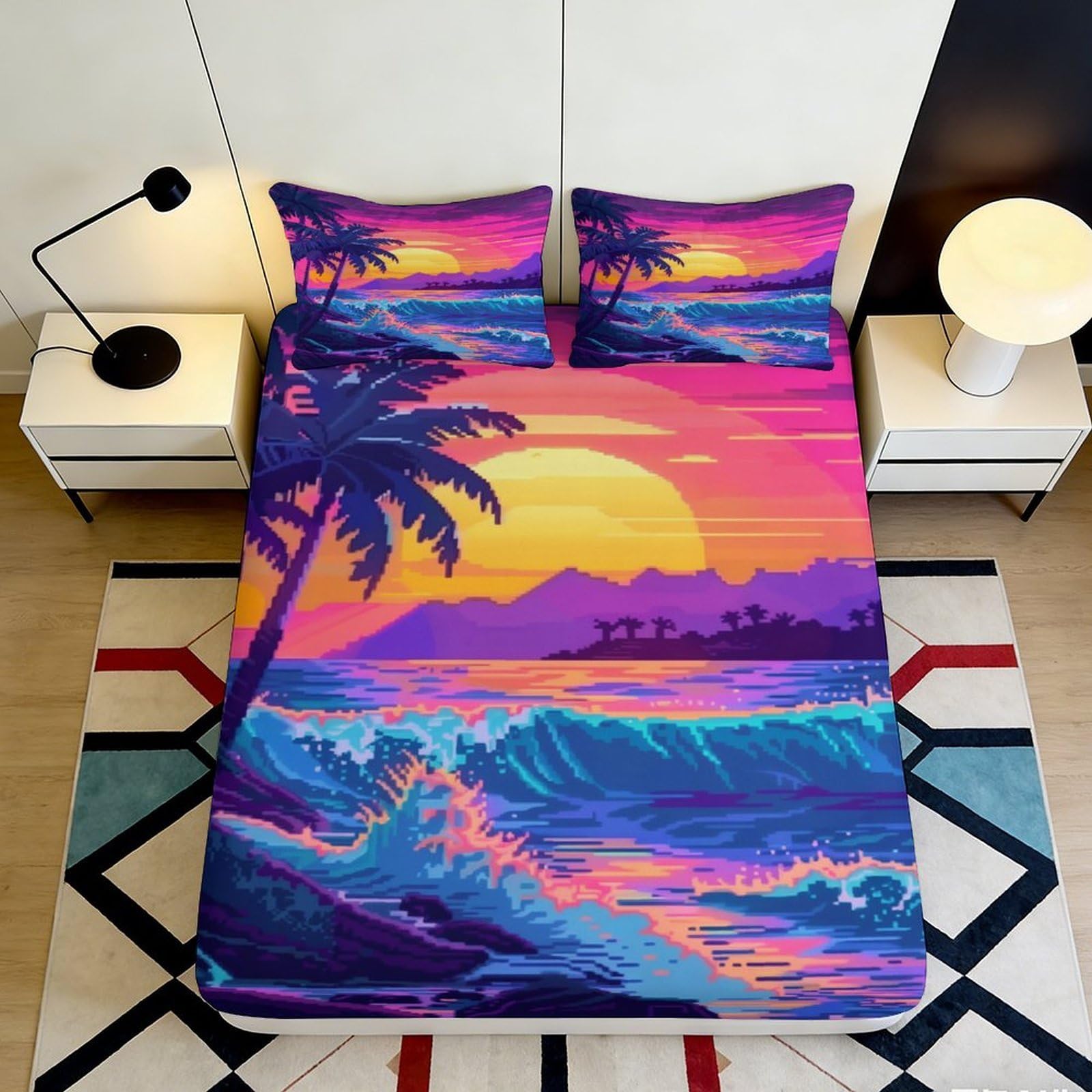 3D Printed Sunset Beach Fitted Sheet Microfiber Soft Vibrant Palm Ocean Mattress Cover for Bedroom Guestroom Decor 90x200x25cm