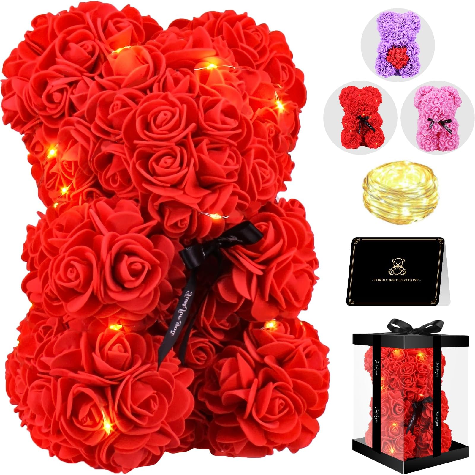 Otlonpe Bear Rose Flowers Light Up, Mothers Day Bear Gifts for Mom, Women Gifts Home Decorations for Christmas Valentines Mothers Day Birthday, for Her Mom Wife Girlfriend Daughter (Red)