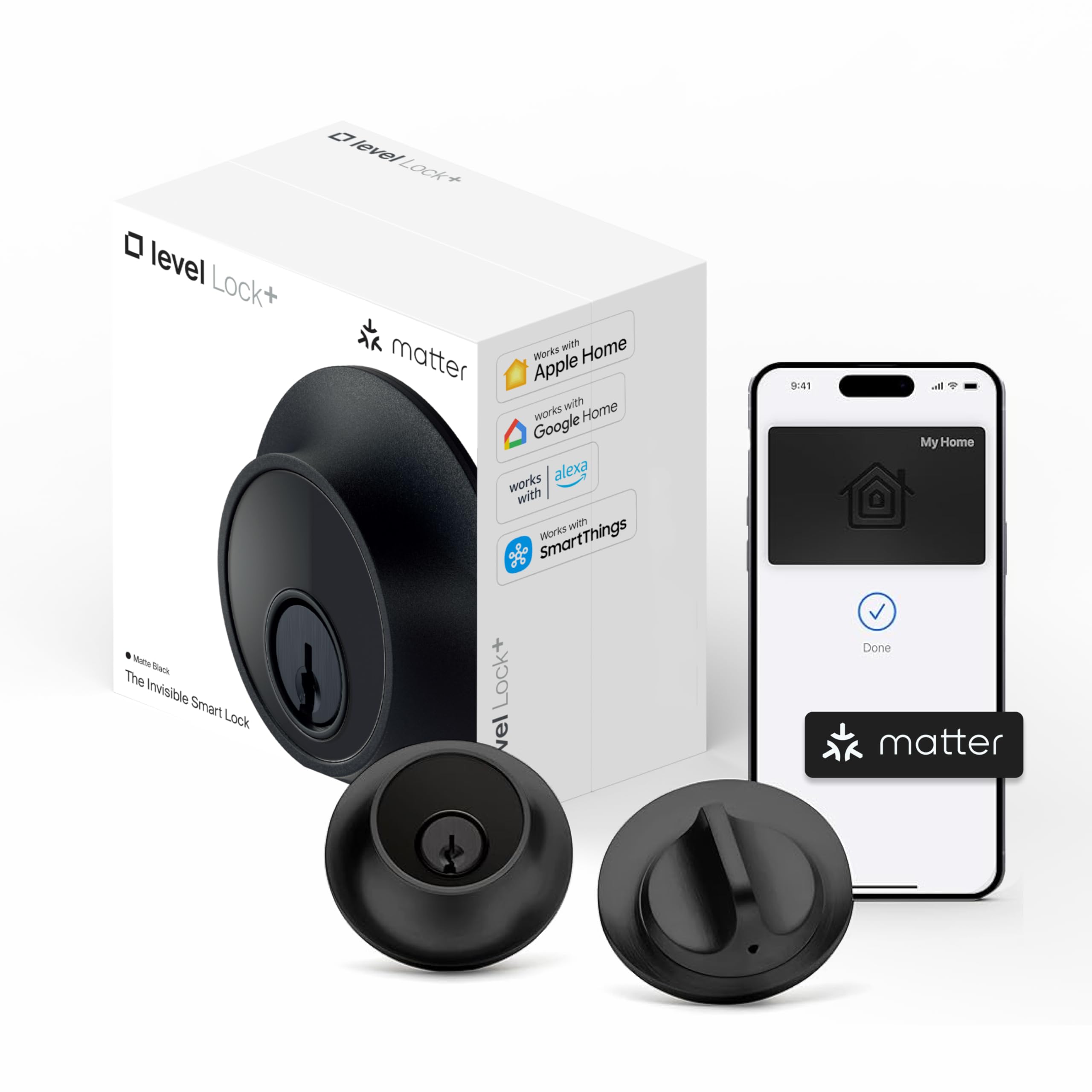 Level Lock+ (Matter) Smart Lock - World's Smallest, Most Advanced Matter-Over-Thread Deadbolt Plus Apple Home Key - Keyless and Remote Access via Apple, Alexa, Google Home, SmartThings (Matte Black)