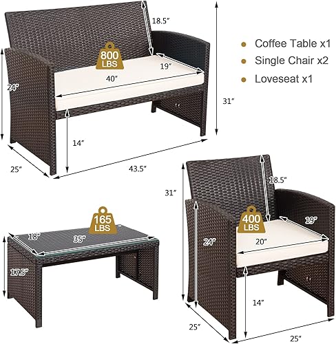 Miniatura 6 de Toolsempire Juego de muebles de exterior de 4 piezas con cojín impermeable y mesa de vidrio templado, juego de sillas de patio con diseño curvado