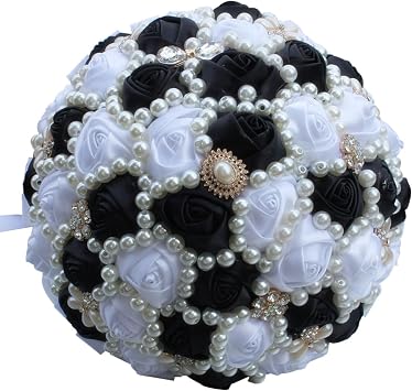 7.08in Handmade Bridal Bouquet - Satin Rose Rhinestone Pearl Brooch Artificial Flowers, Bridesmaid Holding/Throw Toss Bouquet for Wedding Quinceanera Decorations Black & White