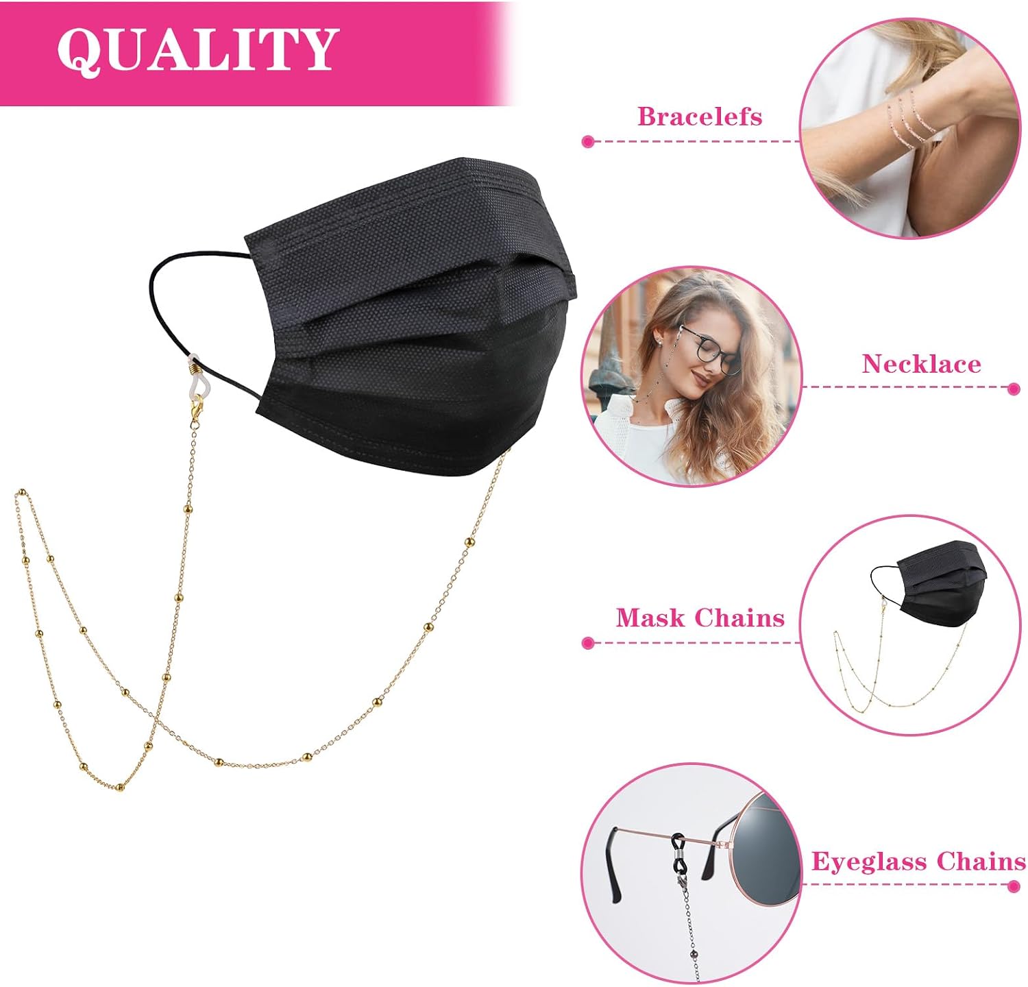 Nogeqi 5 Pieces Glasses Chain, Gold Bead Eyeglass Chain For Women, Eyeglasses Chains Stylish, Chains For Glasses Around Neck Elegant Sunglasses 26.7 Inch For Face Mask Retainer Accessory