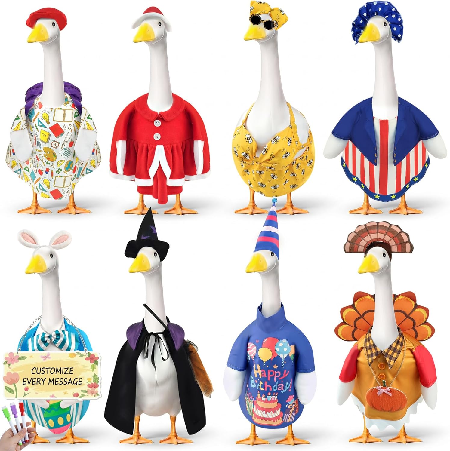 8 Set Holiday Porch Goose Outfits - Seasonal Clothes for 23 Inch Lawn Goose, Yard Decor Apparel for Easter, Summer, 4th of July, Back to School, Halloween, Thanksgiving, Christmas & Birthday