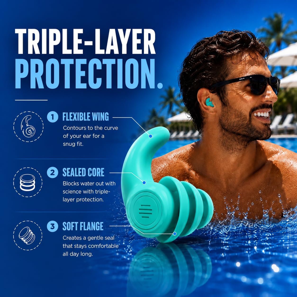 Pro Swim Tapones para los oídos, 3 pares, impermeables, reutilizables, de silicona, para natación, surf, esnórquel y todos los deportes acuáticos, verde, azul, coral