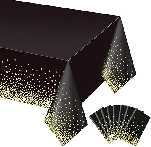 Miniatura 1 de Gexolenu Paquete de 8 manteles negros y dorados para mesas rectangulares, fundas desechables de plástico para mesa de fiesta de cumpleaños,