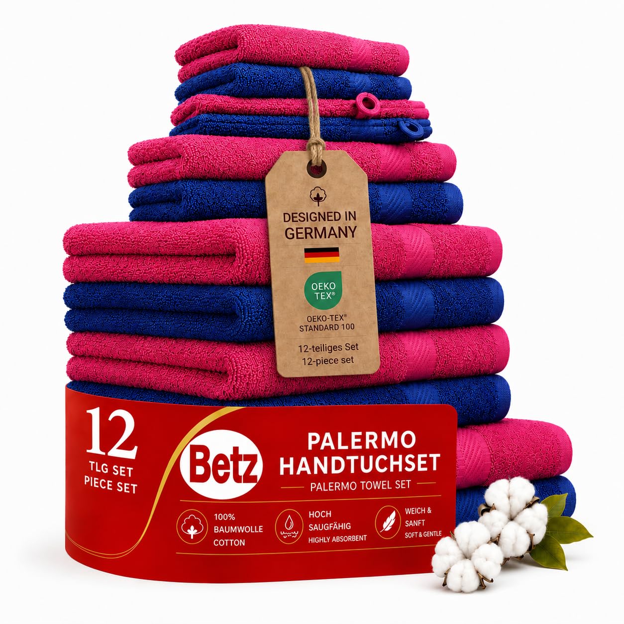 Betz Lot de 12 pièces 100% Coton Palermo 2 draps de Bain 4 Serviettes de Toilette 2 d'invités 2 lavettes 2 Gants de Toilette Couleur Rouge Canneberge et Bleu