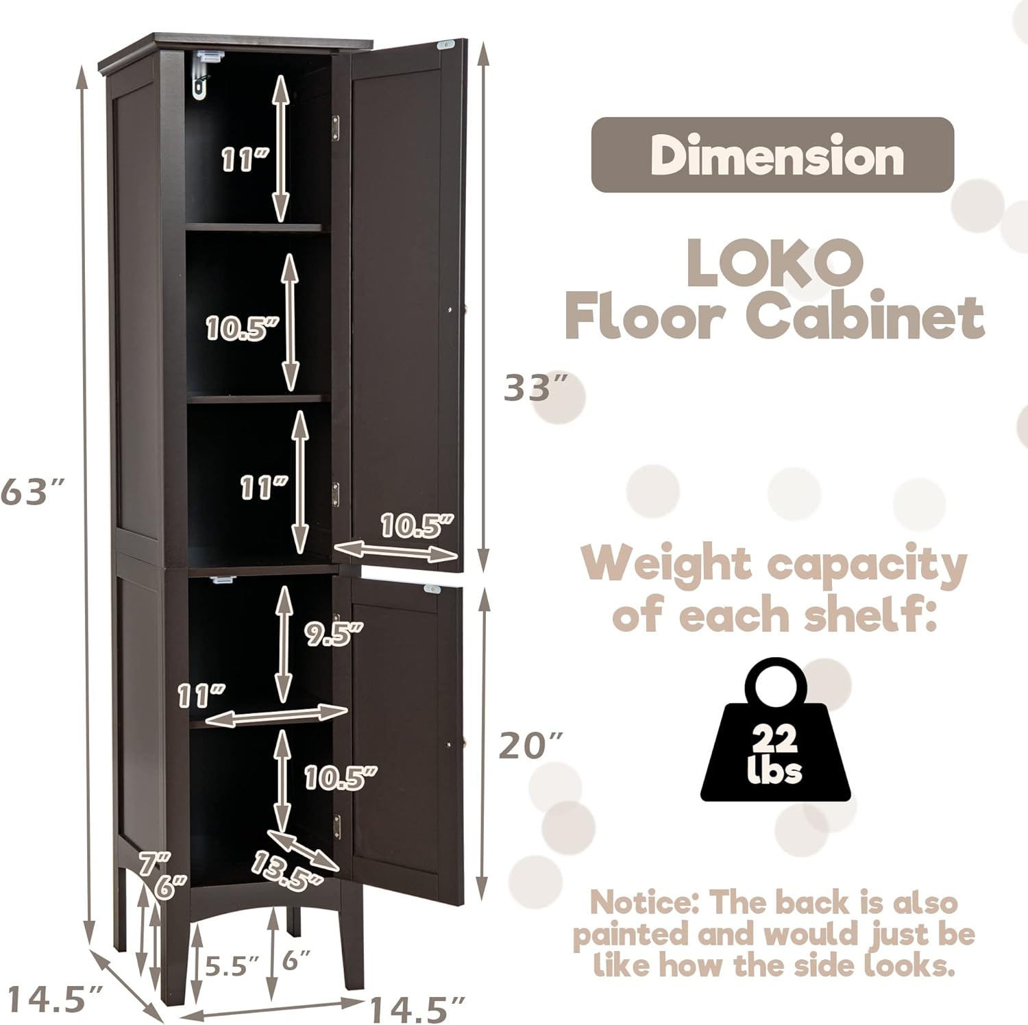 LOKO Tall Bathroom Floor Cabinet, Multifunctional Storage Cabinet with Doors, Narrow Slim Linen Tower for Bathroom, Living Room or Kitchen, 14.5 x 14.5 x 63 inches (Espresso)