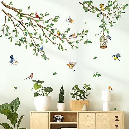 Miniatura 2 de decalmile Calcomanías de pared de pájaros en rama de árbol, hojas verdes de primavera, pájaros voladores, calcomanías de pared para sala de estar,