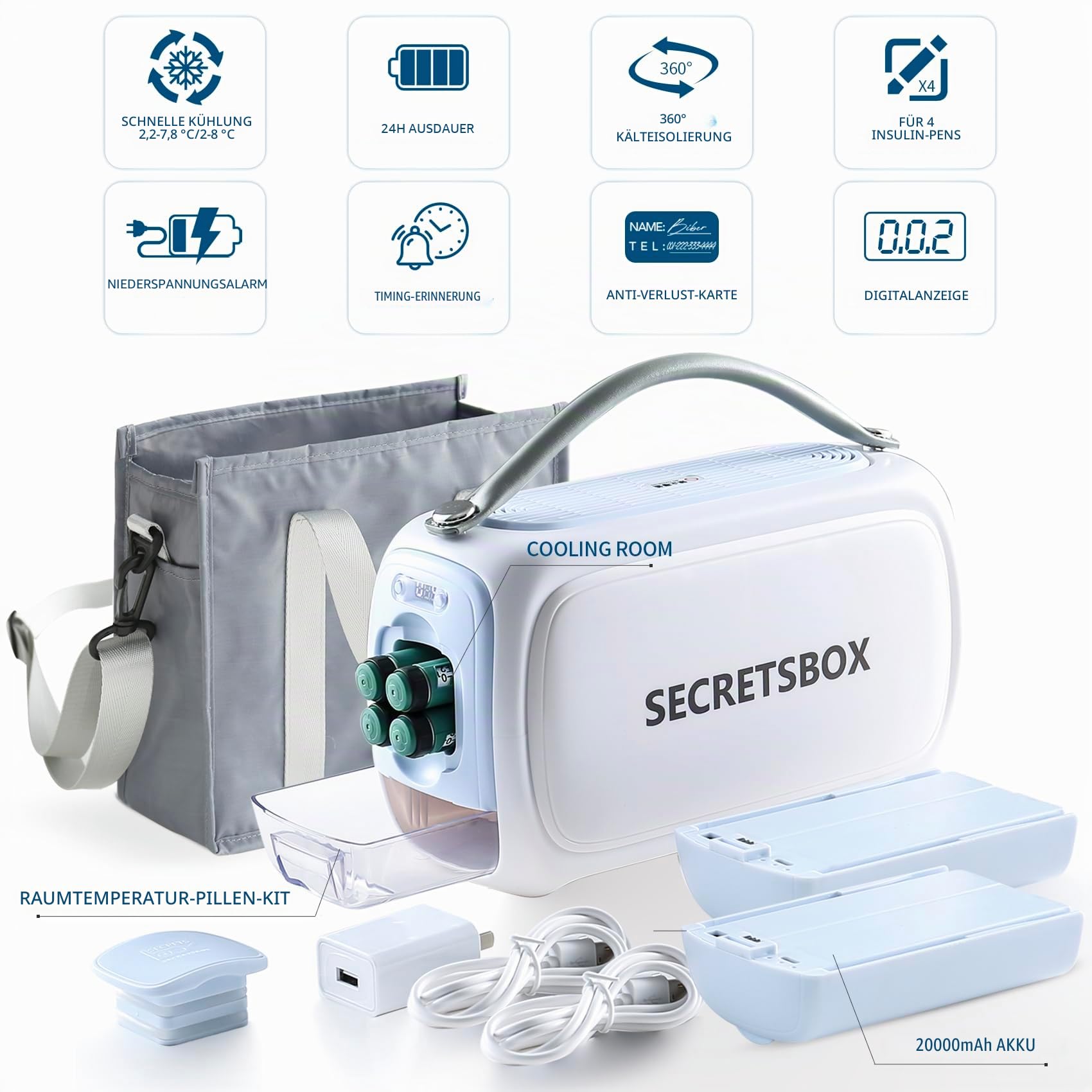 Insulin-Kühler, Medikamente Kühlbox für Reise, Medizinische Kühlbox Temperatur 2-8 °C Insulin-Stiftetui Digitalanzeige Diabetes-Kit für Insulin TSA Zugelassen(mit 2 Batterien)
