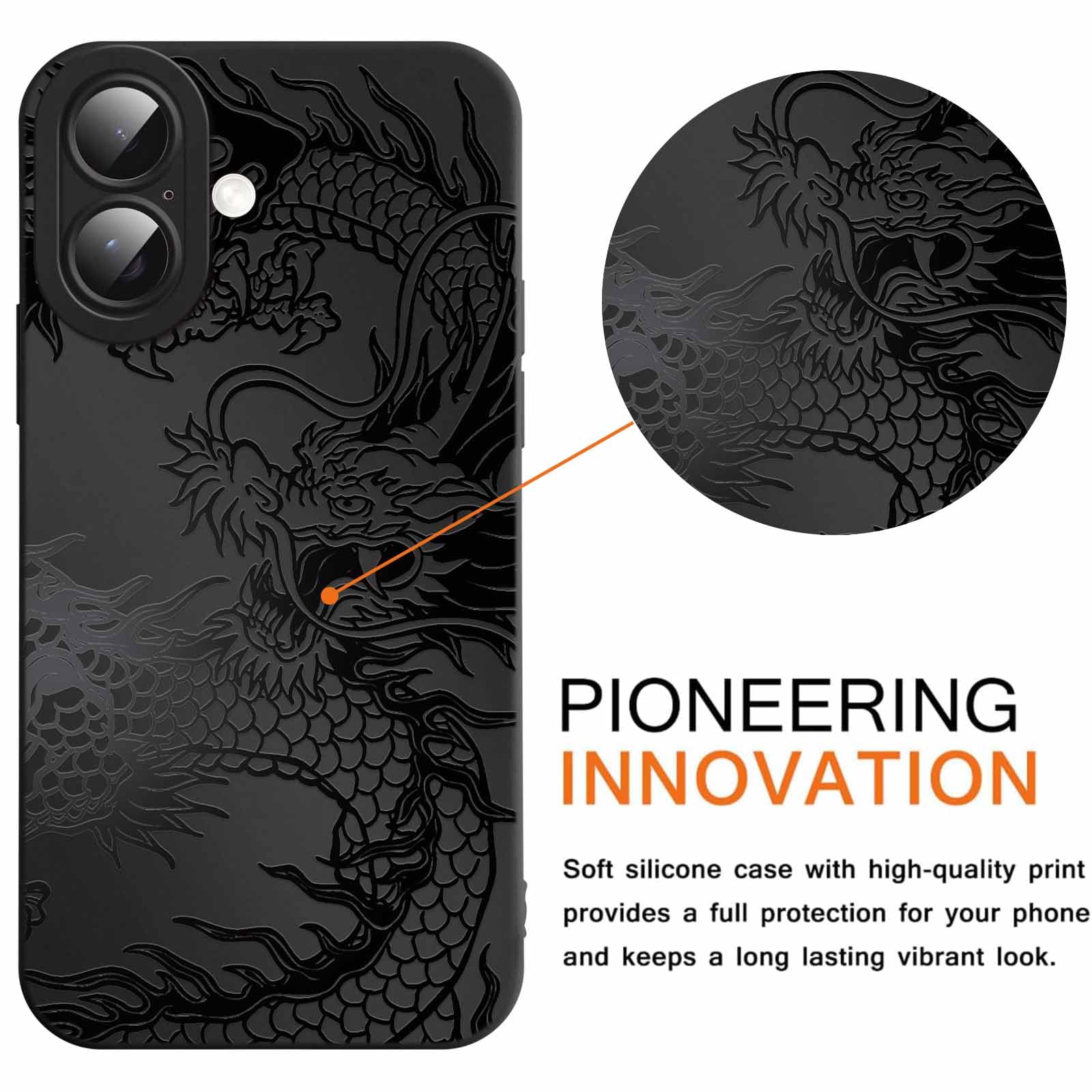 Custodia Per IPhone 16 Pro Con Drago Nero - Design Estetico Vintage, Antiurto In TPU, Ricarica Wireless, Regalo Per Ragazze