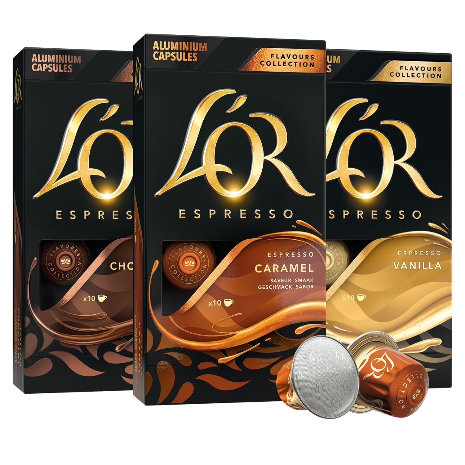 L’OR Espresso Capsules, 30 Count Variety Pack Vanilla/Chocolate/Caramel, Single-Serve Aluminum Coffee Capsules Compatible with the L’OR BARISTA System & *Nespresso Original Machines