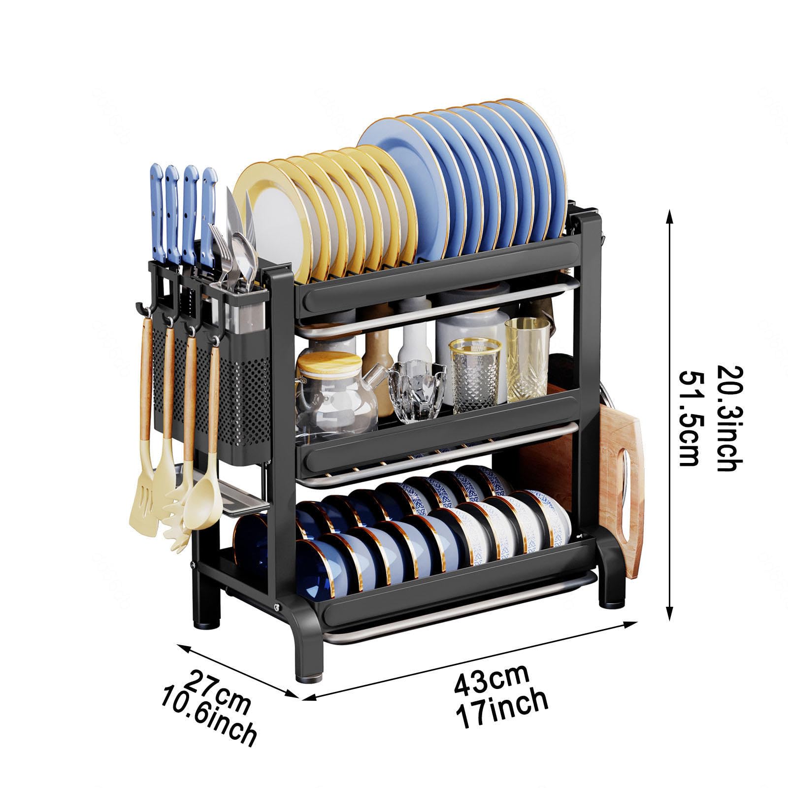 Escurridor de platos para encimera de cocina, escurridor de platos de acero inoxidable de 3 niveles con soporte para cubiertos y escurridor, estante que ahorra espacio, acabado negro
