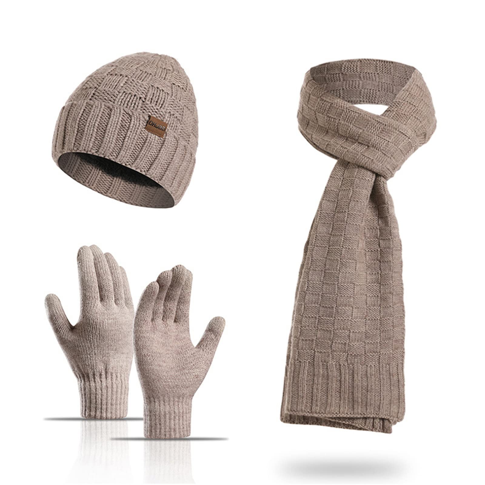 Ensemble Bonnet et écharpe d'hiver Outdoor Ski Warm Knit Hat Echarpe Gants Lot De 3 Bonnet en Tricot Chaud(Khaki)