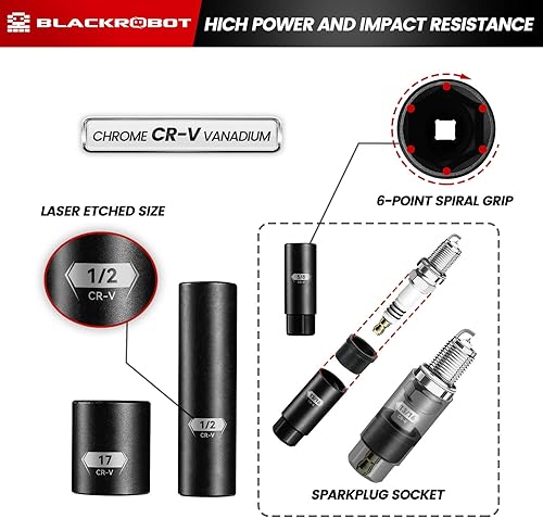 Miniatura 4 de BLACKROBOT Juego de llaves de impacto de 38", 45 piezas SAE estándar (14" a 34") y métricas (0.236-0.866 in), mango de trinquete de 72 dientes,