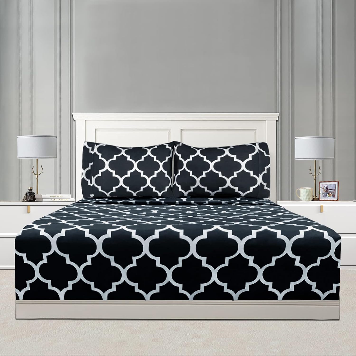 Mejoroom Queen Bed Sheet Set - Super Soft Brushed Microfiber 1800 Thread Count Queen Sheets with 16 inch Deep Pocket - Wrinkle Free - 4 Piece(Queen, Black Quatrefoil with White Pattern)