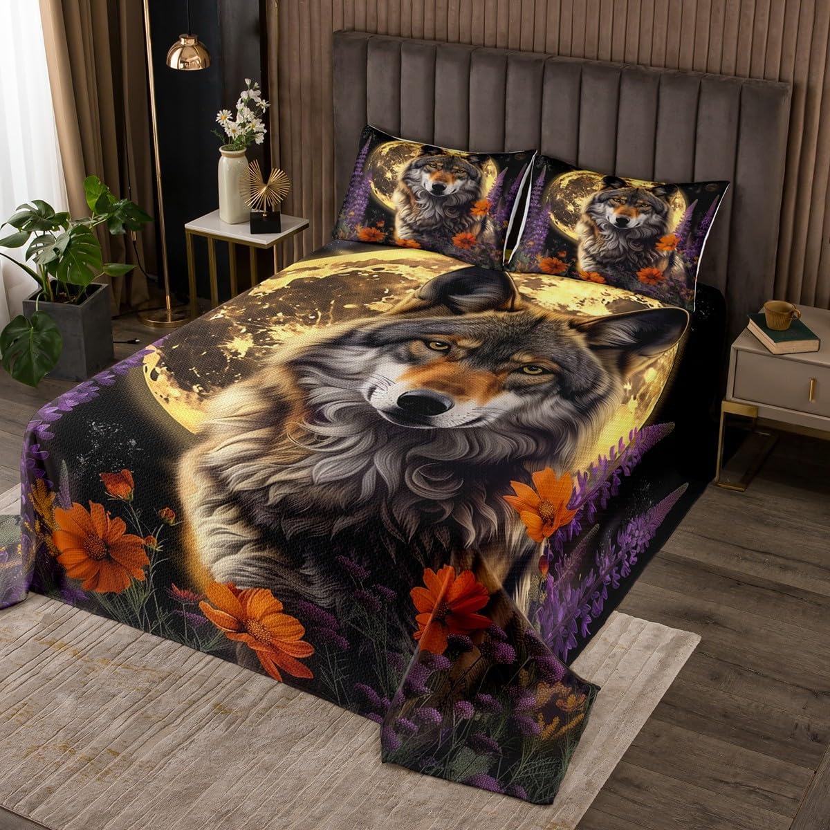 Castle Fairy Wildlife Wolf Bedspread King Size,Teens Adults Bedroom Bedding Vintage Jungle Night 3D Wolf Moon Coverlet Set,Rustic Lavender Watercolor Flowers Quilted 3 Pcs with 2 Pillow Shams