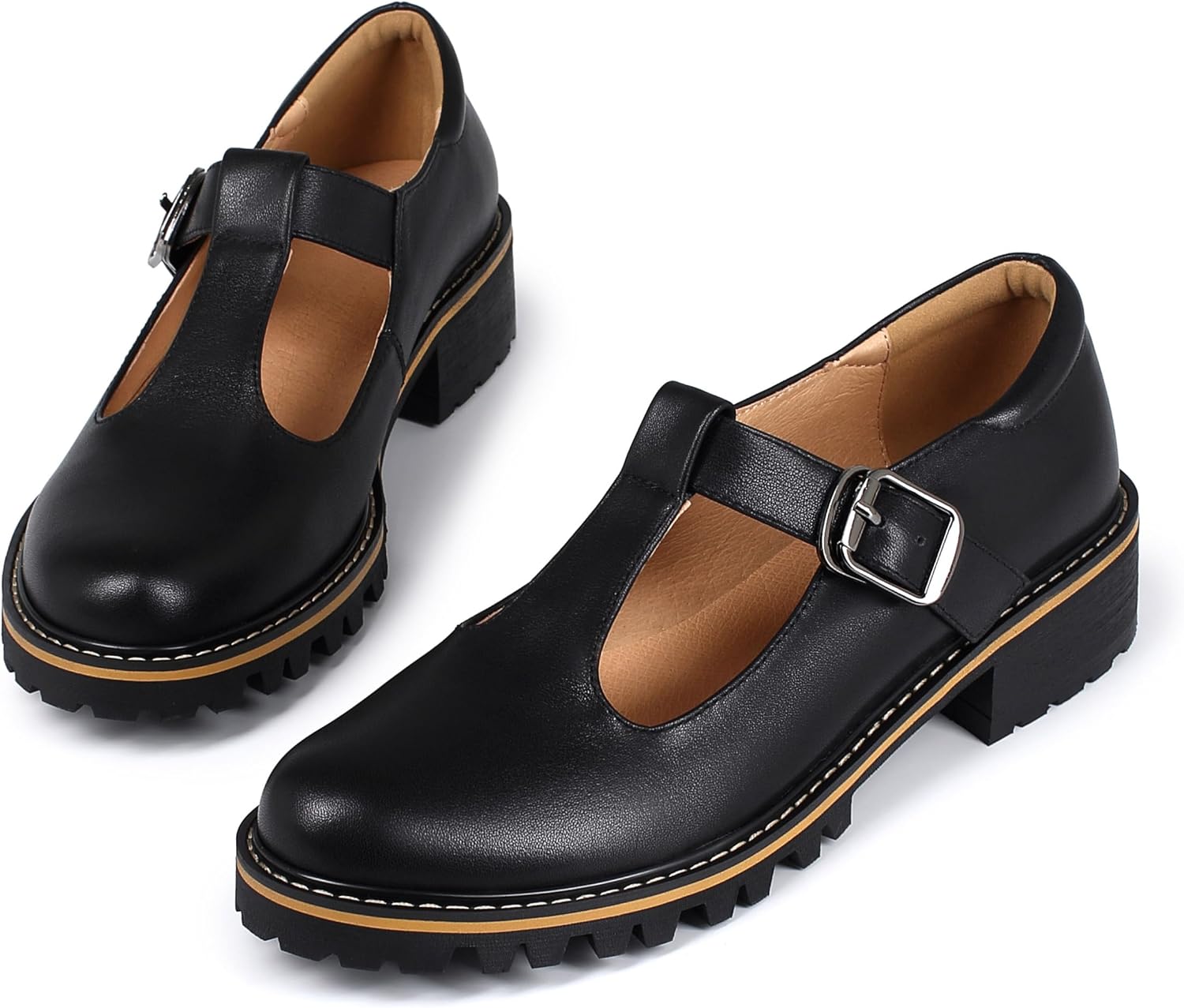 Women's Leather Oxford Mary Janes Shoes Flats Chunky Low Heels Platform Sewing Retro Classics Round Toe Ankle Strap - Image 4