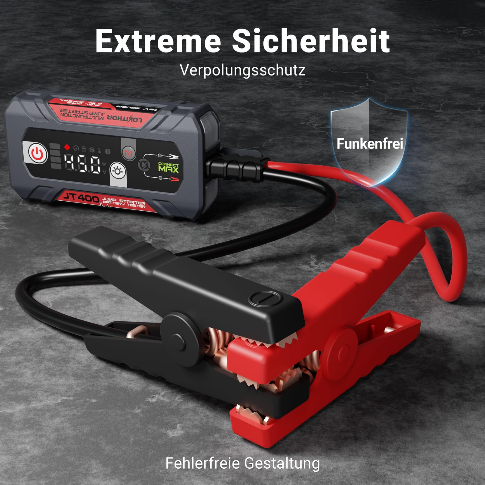 LOKITHOR JT400 Starter Powerbank 2500A mit Batterietester 100–2000 CCA | 3-en-1, Pour Essence 8.5L & Diesel 6.5L