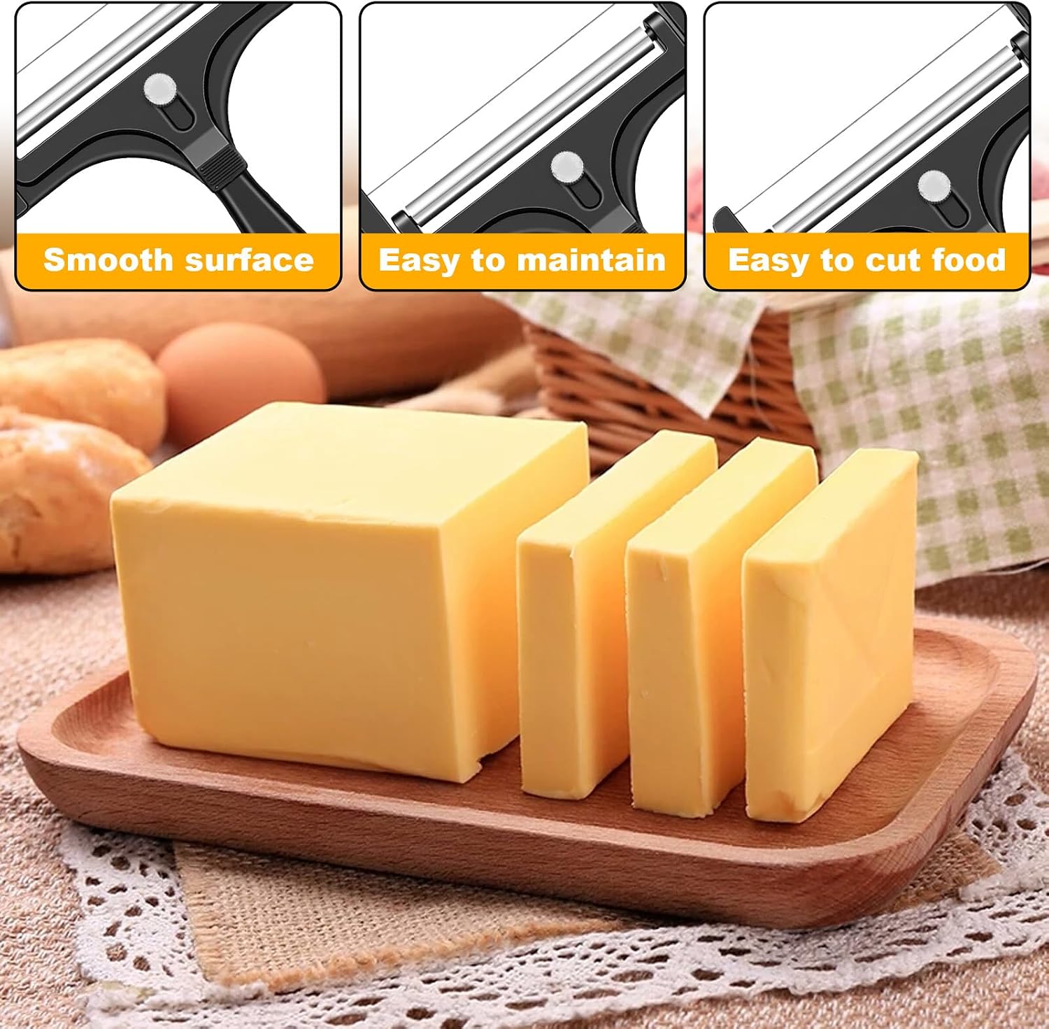 Cheese Slicer Kit, Stainless Steel Handheld Cheese Cutter with 4 Extra Wires and Wrench Adjustable Thickness Wire Cheese Slicer for Block Cheese Butter Kitchen Slicing Tools