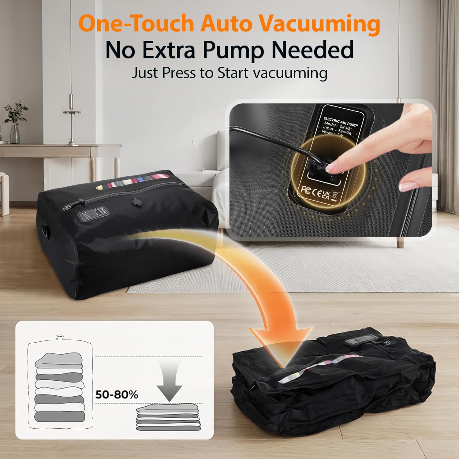 KXB Travel Vacuum Seal Bags with One-Button Suction, 34L Compression Packing Cubes for Carry-On Suitcase & Travel Backpack, Reusable IP67 Waterproof Vacuum Storage Kit for Luggage